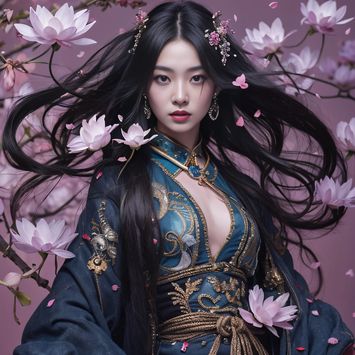 32K(tmasterpiece,k hd,hyper HD,32K)Long flowing black hair,ponds,zydink, a color, Aozhou people (Concubine girl), (Purple silk scarf), Combat posture, looking at the ground, long whitr hair, Floating hair, Carp pattern headdress, Chinese long-sleeved clothing, (Abstract gouache splash:1.2), Pink petal background,Pink and white lotus flowers fly(realisticlying:1.4),Black color hair,Fallen leaves flutter,The background is pure, A high resolution, the detail, RAW photogr, Sharp Re, Nikon D850 Film Stock Photo by Jefferies Lee 4 Kodak Portra 400 Camera F1.6 shots, Rich colors, ultra-realistic vivid textures, Dramatic lighting, Unreal Engine Art Station Trend, cinestir 800,Long flowing black hair,Denim skirt