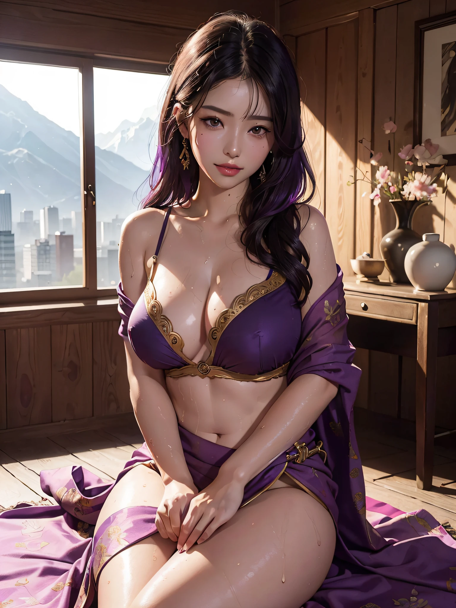 8k、RAW Photography、top-quality、masterpiece:1.2)、(realisitic、photoRealstic:1.37)、1girl in、Nepali、25-years old、femele、(deep in the night)、sunlights、a room、Daytime cityscape seen from the window、Studio Lighting、face lights、photon maping、Radio City、Purple hair、A detailed face、detailed lips、A detailed eye、More skin、二重まぶた、(Huge round:1.3)、((Exposure))、(Sally and blouse、Nepal)、(Saree)、(Wearing a saree)、((no brassiere)))、Exposed cleavage、exposed shoulder、Thigh exposure、(camel's toe)、perfectbody、shinny skin、(Body wet with sweat:1.2)、smirking face、((sitting on))、Make eye contact with the camera、Lens blur for background camera、depth of fields、35 m、ultra-detailliert、ultra-quality、flawless、Anime tattoo on right hand、((Vintage style photography)),hands on boobs,((NSFW 1:1))