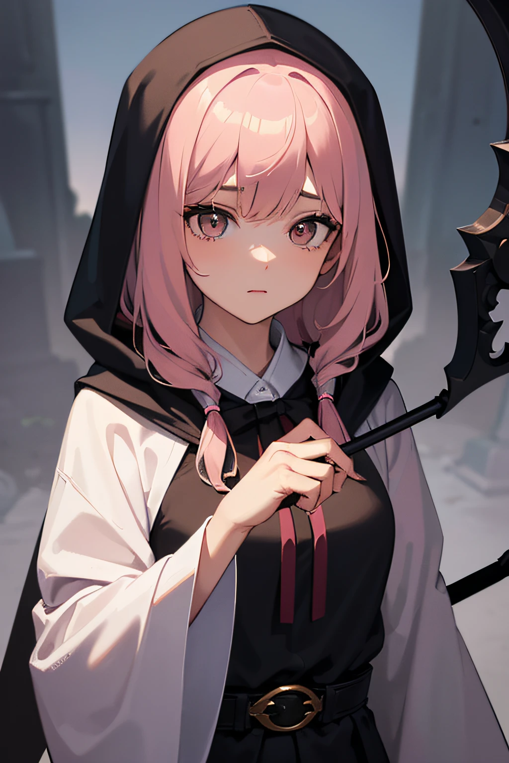 With a girl in a cute hood wrapped in thick fog、Female Grim Reaper Guarding Girl Behind,Wielding a scythe,Emerge from the swirling shadows.Stand in the Cemetery of Forgotten Souls.(Light brown and light pink striped hair:1.3,),Perfect face,Proper body proportion,masutepiece,Super high-quality output images,超A high resolution,Intricate details,Very delicate and beautiful hair,photographrealistic,Dreamy,Professional Lighting,realistic shadow,Solo Focus,Beautiful hands,Beautiful fingers,Detailed finger features,detailed clothes features,Detailed hair features,detailed facial features,