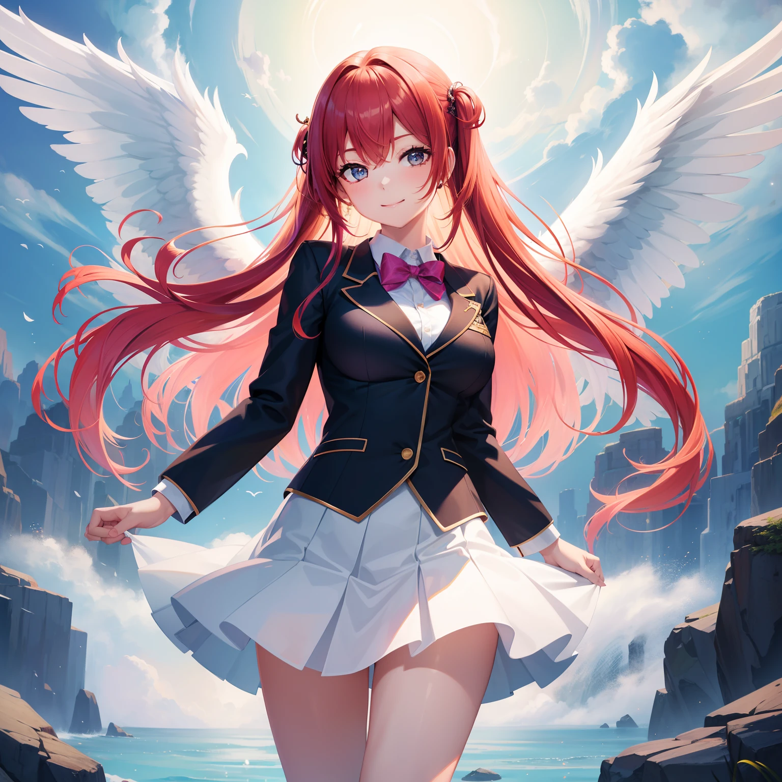 Beautiful girl with angel wings, backgroundbacklighthigh-resolution ,top-quality,Beautiful Beautiful Girl,超A high resolution,A smile,Perfect Beautiful Girl,Colossal tits,校服、blazers,multicolored hair,harems,校服,blazers,