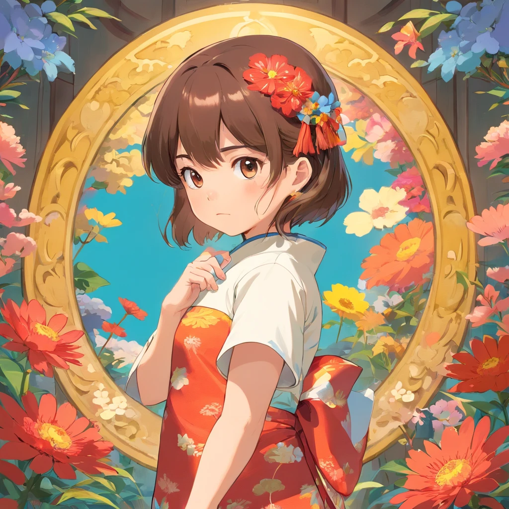 vivd colour, 16k, hyper HD, High-density imaging review 10, (tmasterpiece:1. 5), absurderes, (best qualtiy:1. 5),solid color backdrop,A girl,Hold your arms,Frowning,Staring at you angrily,Pouting angrily,Floral half-sleeved cheongsam,Cute fat girl,A ball head