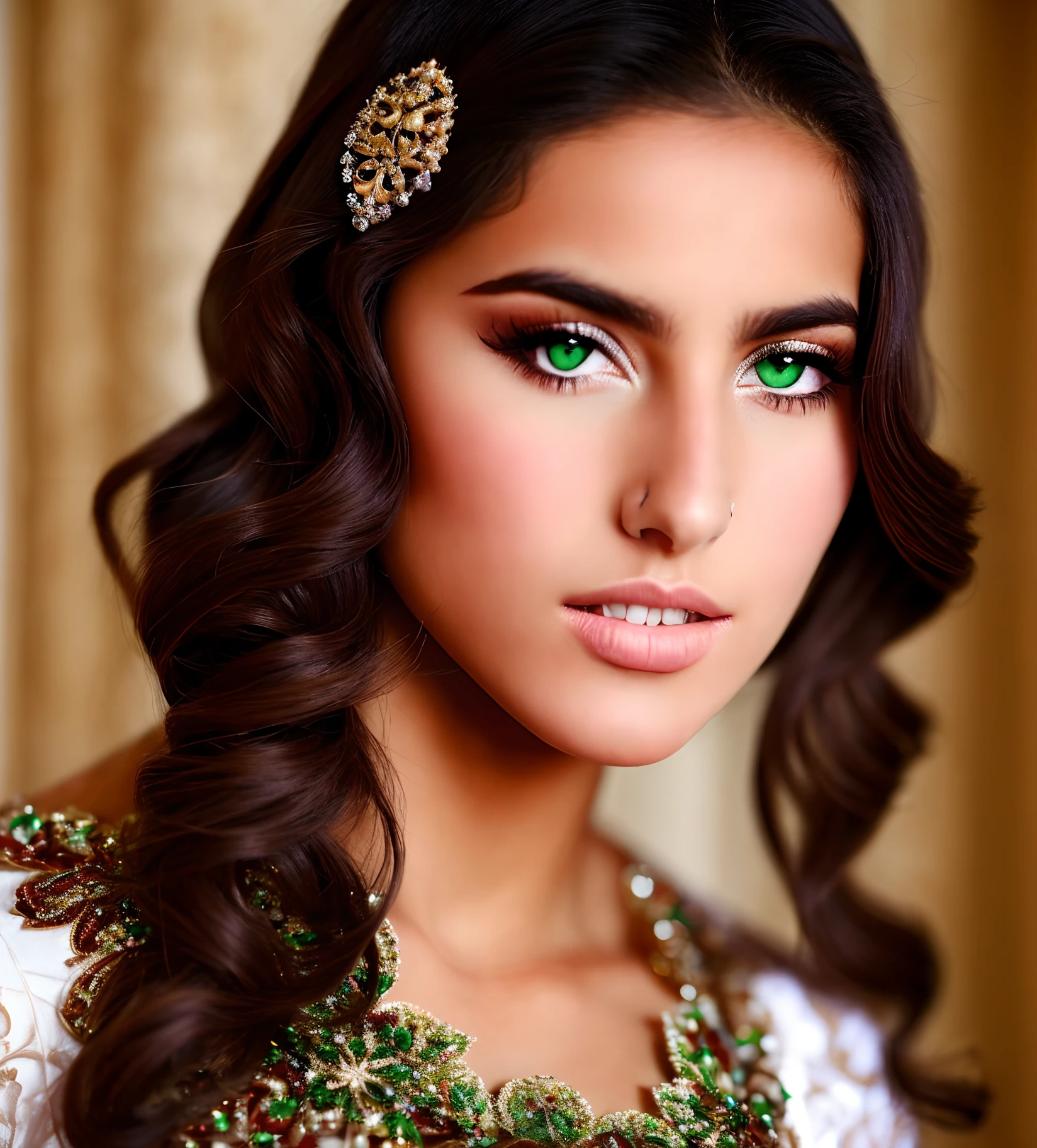 A beautiful and attractive young warrior woman with green eyes and brown hair, a tall Syrian athlete in a semi-naked Arabic dress
