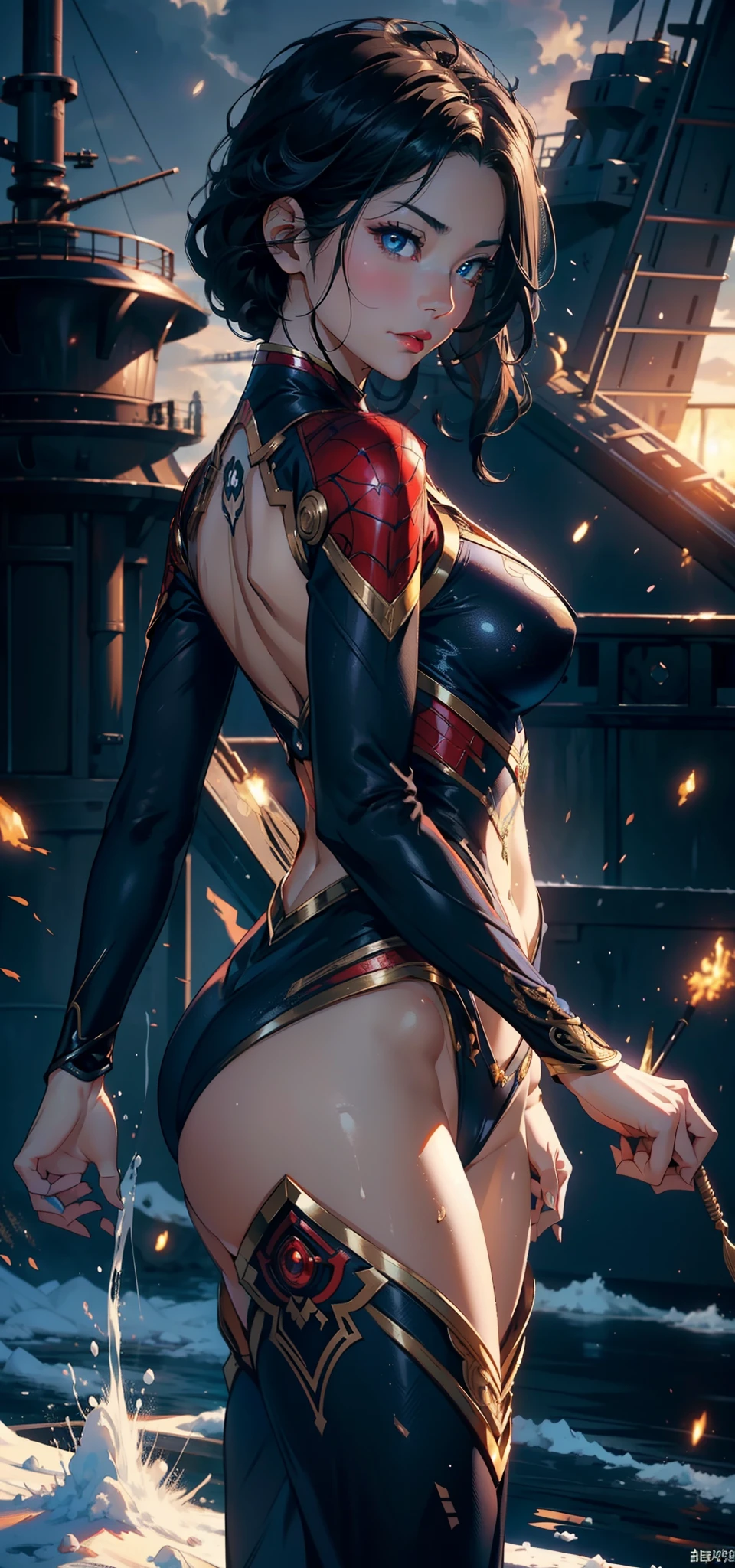 1female,35yo,plumw,extremely large bosom, 独奏,(Background with:warships,the sea,battleships,) She has short black hair,Standing at the bow of the ship,,seen from the front, hair straight, mostly cloudy sky,(((tmasterpiece),(Very detailed CG unity 8K wallpaper),best qualtiy,cinmatic lighting,detailed back ground,beatiful detailed eyes,Bright pupils,Blue eyes,Snow-whiteskin,Redlip(Very fine and beautiful),(Beautiful and detailed eye description),ultra - detailed,tmasterpiece,))facing at camera,A high resolution,ultra - detailed),revealing breasts,Bare genitalia, Bulge,legs are open,Raised sexy,Camel toes,Flushed complexion,Desire for dissatisfaction,frontage,Spidey,Dark blue Iron Man uniform,on cheongsam