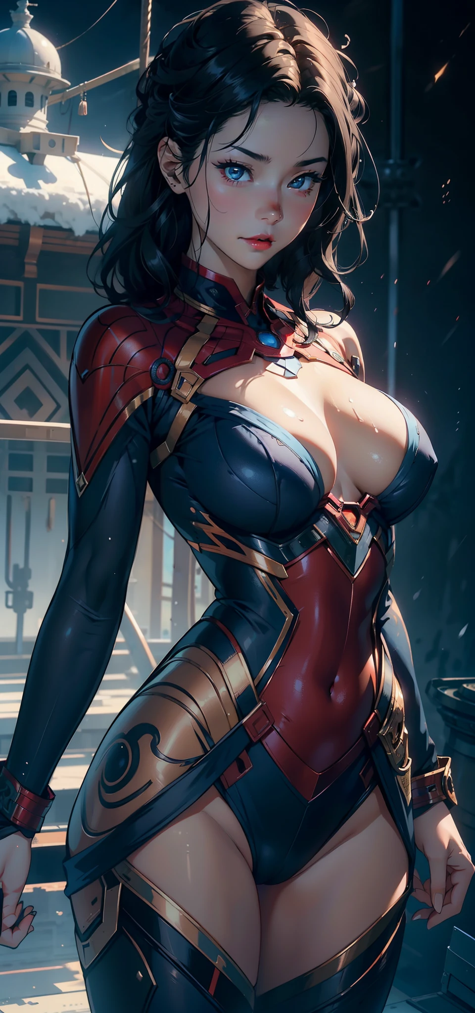 1female，35yo，plumw，extremely large bosom， 独奏，（Background with：warships，the sea，battleships，） She has short black hair，Standing at the bow of the ship，，seen from the front， hair straight， mostly cloudy sky，（（（tmasterpiece），（Very detailed CG unity 8K wallpaper），best qualtiy，cinmatic lighting，detailed back ground，beatiful detailed eyes，Bright pupils，Blue eyes，Snow-whiteskin，Redlip（Very fine and beautiful），（Beautiful and detailed eye description），ultra - detailed，tmasterpiece，））facing at camera，A high resolution，ultra - detailed），revealing breasts，Bare genitalia，  Bulge，legs are open，Raised sexy，Camel toes，Flushed complexion，Desire for dissatisfaction，frontage，Spidey，Dark blue Iron Man uniform，on cheongsam