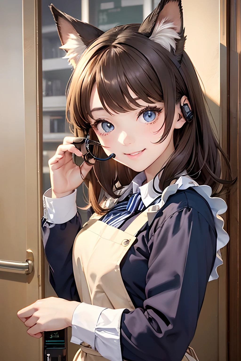 (​masterpiece:1.2、top-quality)、intricate detailes、1girl in、sixteen years old、 brown haired、Light brown eyes、pinafore、animal ear、A smile、Hands together、door、doress、White Apron、Indoors、long-sleeve、blue eyess、looking at the viewers、Goth loli made clothes、shorth hair、Maids、maid apronl、dog ears、window、bangss、is standing、Mouth closed、(((Communications Equipment:1.5))),(Wide Angle), (top down),Realistic scale,Anime style,Super Detail, Realistic, Super realistic,lifelike rendering,(((school classrooms:1.5,Classroom lined with desks:1.2))),Professional Photographer