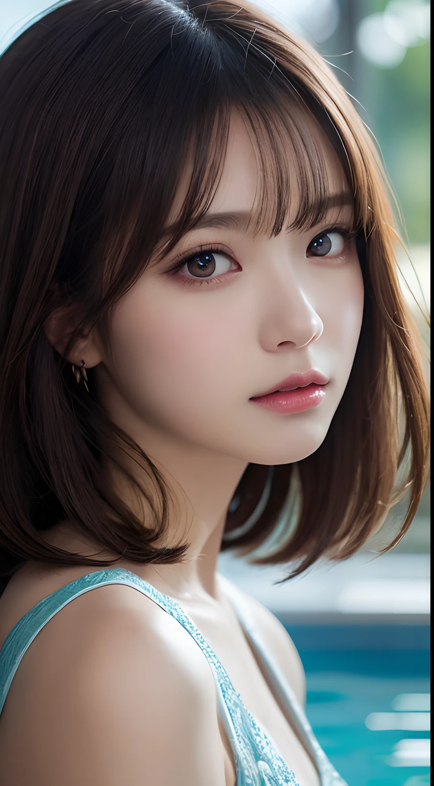 masutepiece, Best Quality, Illustration, Ultra-detailed, finely detail, hight resolution, 8K Wallpaper, Perfect dynamic composition, Beautiful detailed eyes , Pool, Sexy face