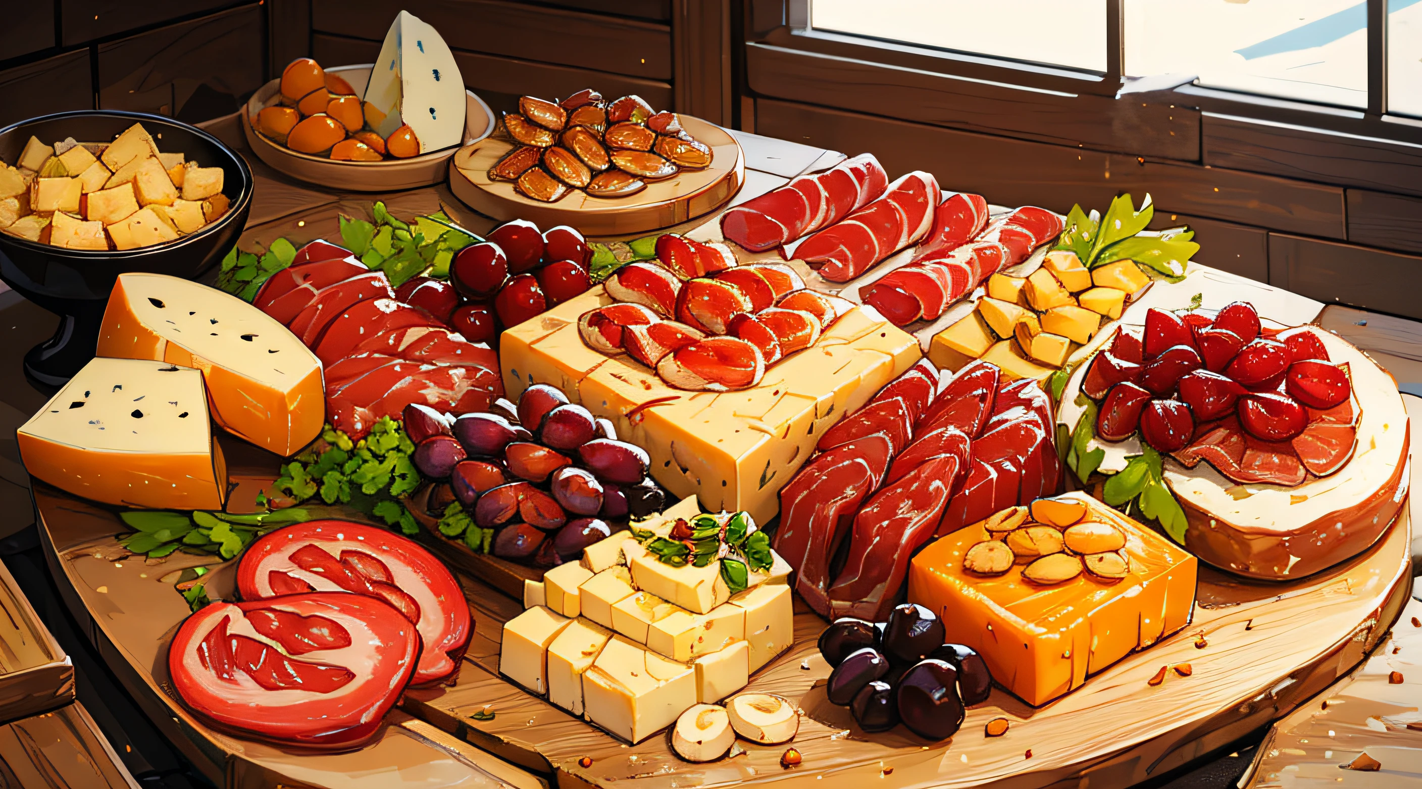 ((Masterpiece)), ((Best Quality)), A rustic wooden board filled with a delectable charcuterie spread, featuring an assortment of cheeses, cured meats, and olives.