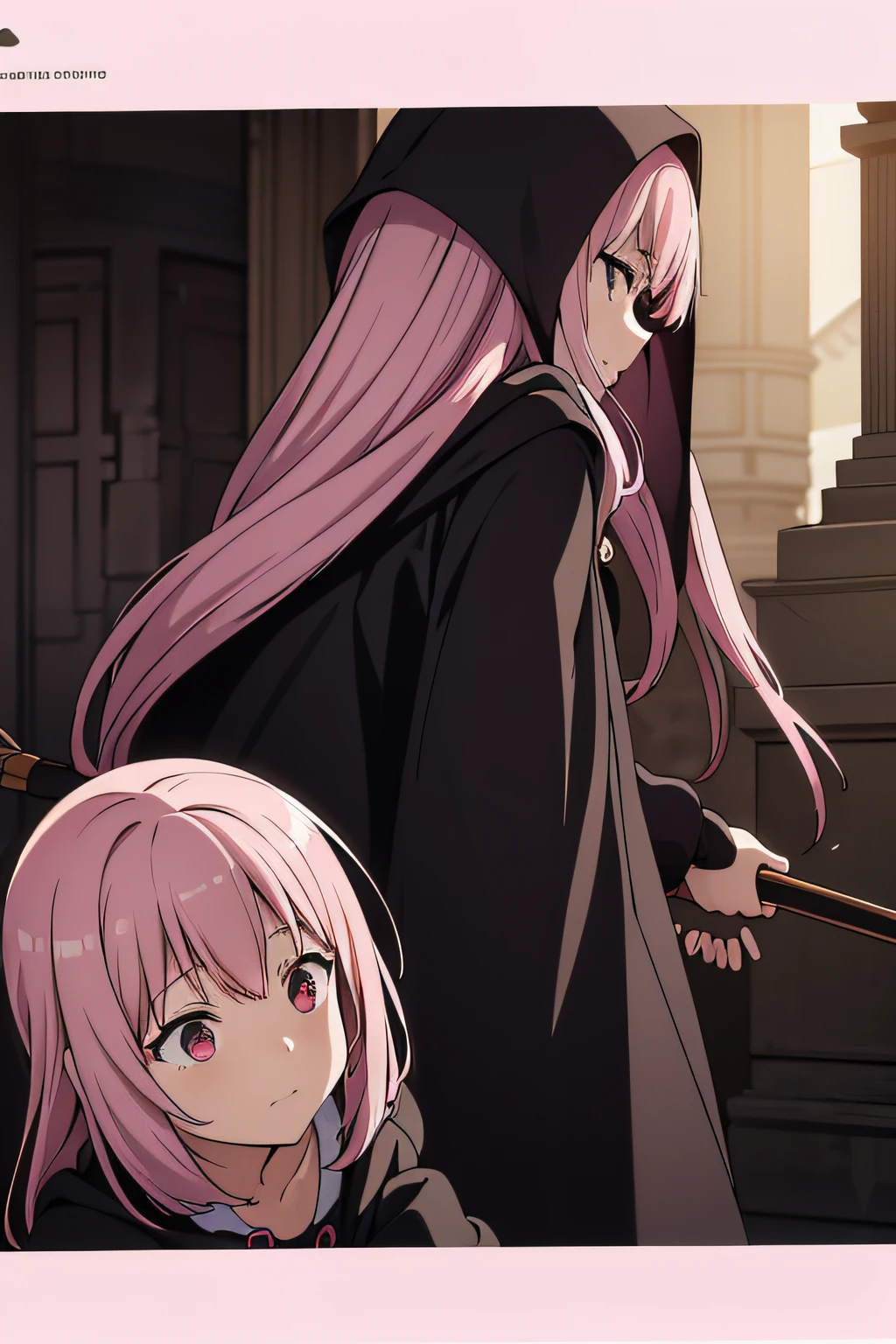 With a girl in a cute hood wrapped in thick fog、Female Grim Reaper Guarding Girl Behind,Wielding a scythe,Emerge from the swirling shadows.Stand in the Cemetery of Forgotten Souls.(Light brown and light pink striped hair:1.3,),Perfect face,Proper body proportion,masutepiece,Super high-quality output images,超A high resolution,Intricate details,Very delicate and beautiful hair,photographrealistic,Dreamy,Professional Lighting,realistic shadow,Solo Focus,Beautiful hands,Beautiful fingers,Detailed finger features,detailed clothes features,Detailed hair features,detailed facial features,