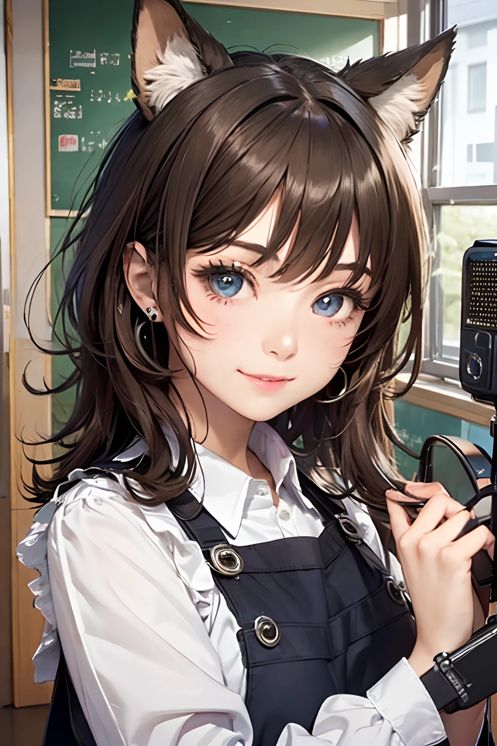(masterpiece:1.2、top-quality)、intricate detailes、1girl in、、 brown haired、Light brown eyes、pinafore、animal ear、A smile、Hands together、door、doress、White Apron、Indoors、long-sleeve、blue eyess、looking at the viewers、Goth loli made clotheshorth hair、Maids、maid apronl、dog ears、window、bangss、is standing、Mouth closed、(((Communications Equipment:1.5))),(Wide Angle), (top down),Realistic scale,Anime style,Super Detail, Realistic, Super realistic,lifelike rendering,(((school classrooms:1.5,Classroom lined with desks:1.2))),Professional Photographer