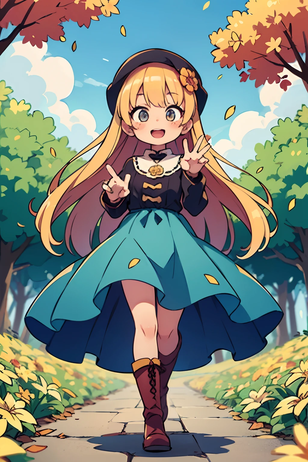 Stand in front of the photo、1girl in,Full body,Long hair, Blonde hair,long boots,Open mouth and big smile、kawaii pose、Flowing iridescent silk、up of face、Eye Up、Colorcon with heart pattern、Floral dress、There are flowers even in front of you、flower petals、season!!:autumnal☀ 🍂