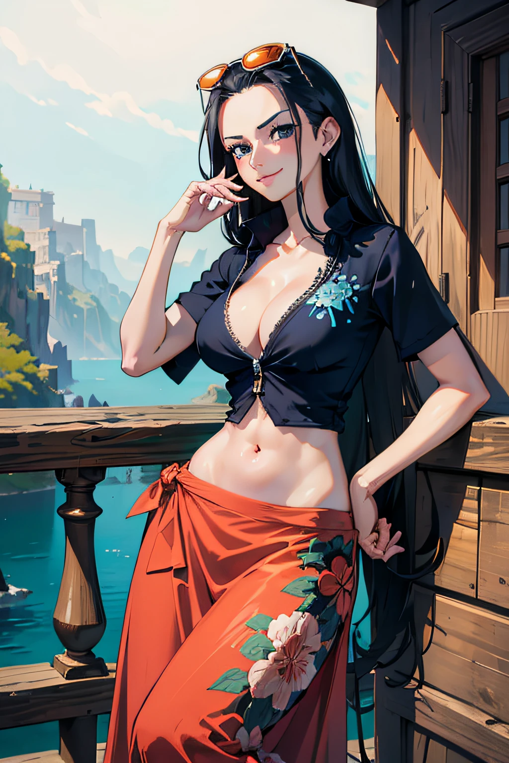 (((masterpiece))), hihgres, NicoRobin, 1girl, solo, long hair, looking at viewer, smile, blue eyes, skirt, large breasts, shirt, black hair, navel, cleavage, very long hair, closed mouth, collarbone, full body, short sleeves, midriff, high heels, crop top, sunglasses, blue shirt, eyewear on head, orange long skirt, railing, hair slicked back, partially unzipped, hands on side,