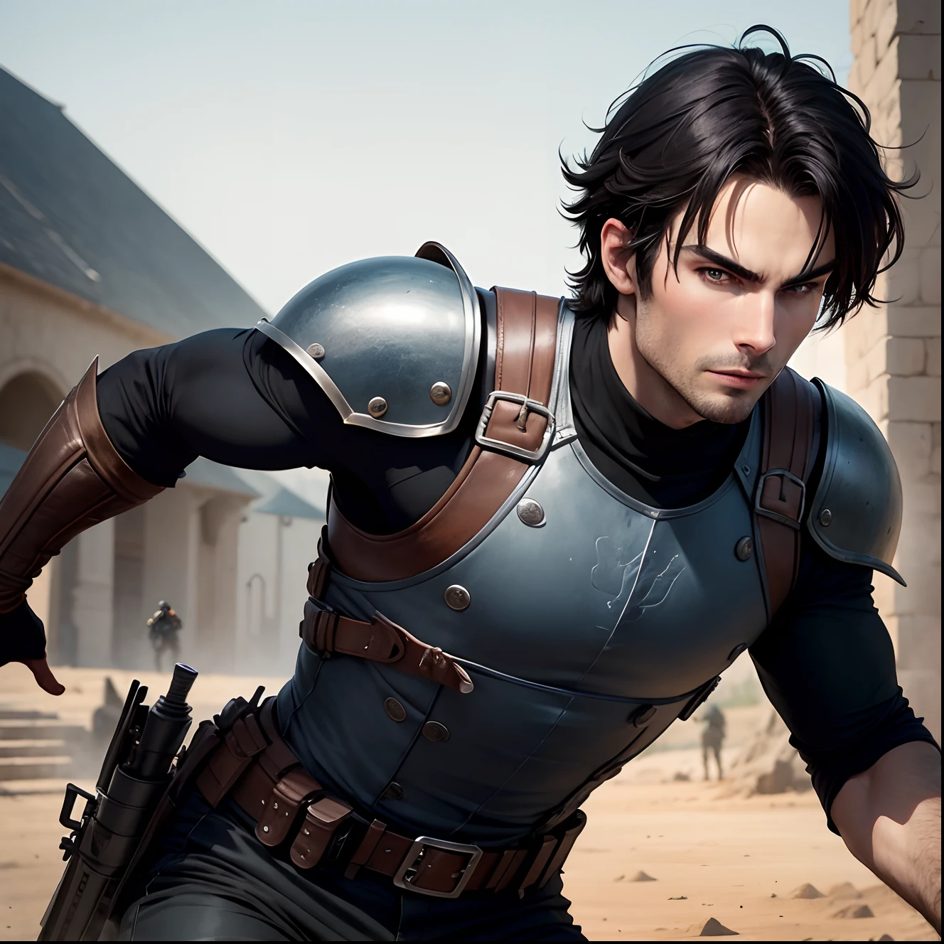 man with the similar appearance of Ian Somerhalder and David Corenswet black hair and blue eyes, in combat position, Curvada, graves, punho fechado, preparado para uma briga, com uma armadura medieval.