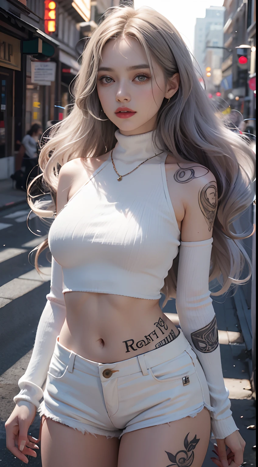 Urban Beautiful Girl College Student,tmasterpiece,Light makeup,Redlip,Silvery hair,Messy long hair,streets background,gracefulness,Elegance。ultra fine detailed,Works of masters,Authentic texture,Cinematic lighting realism,perfect works,8K,k hd,Delicate facial features,White skinny turtleneck top,White skinny shorts,Slim figure,Big bright eyes,Smooth skin,eardrop,choker necklace,Tattooed with