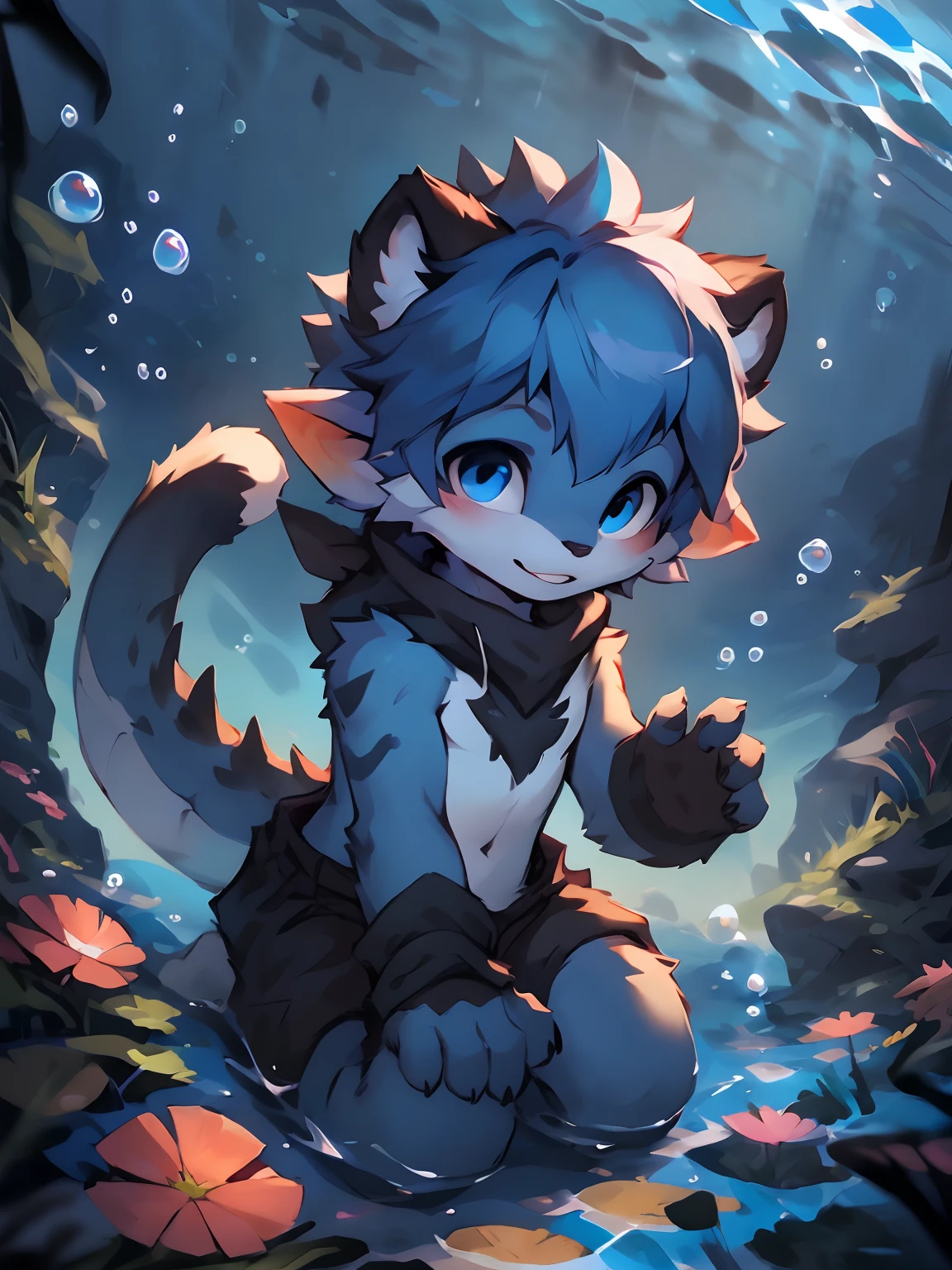 three fourths view，Dark blue body，Fluffy hair，Shota，blue hairs，ddlers，Blue eyes ， adolable， Master masterpieces， A high resolution，8K，detailedbackground，high high quality，Libido boy，独奏，Dragon's horn，Dragon tail，Dragon scales，Dragon people ，((Underwater, Bubble, airbubble)),The body floats，Happy expression，((lalafell))，solo person，((author：Puinki,By Artists:1.2),(author：Unreal Land,author：Sumi Kuroi,author：Milk Tiger 1145,author：Morkey,author：Emolga 1,Through the egg capsule:1.2),(author：Xia Huaiting:0.8),(by Pino Daeni:0.8),(by Hioshiru:0.8),(by Chunie:0.8).)