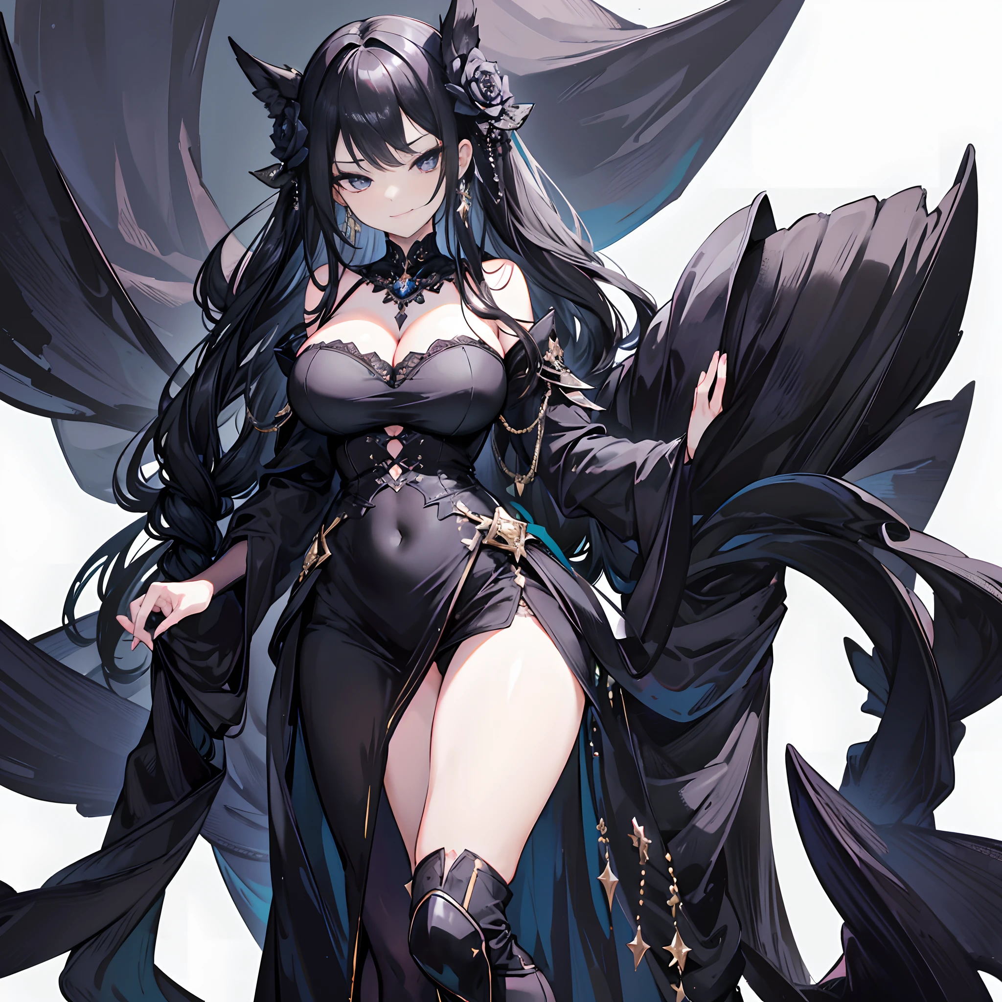Solo，Facing the viewing angle，Gorgeous black shawl，black long straight hair，Gorgeous black wedding dress，Fishtail braided hairstyle，chiquita，Lori huge breasts cleavage，D-cups，Black colored eyes，A smug smile，Black extra-high heeled boots，stand posture，The right leg is extended forward，White background
