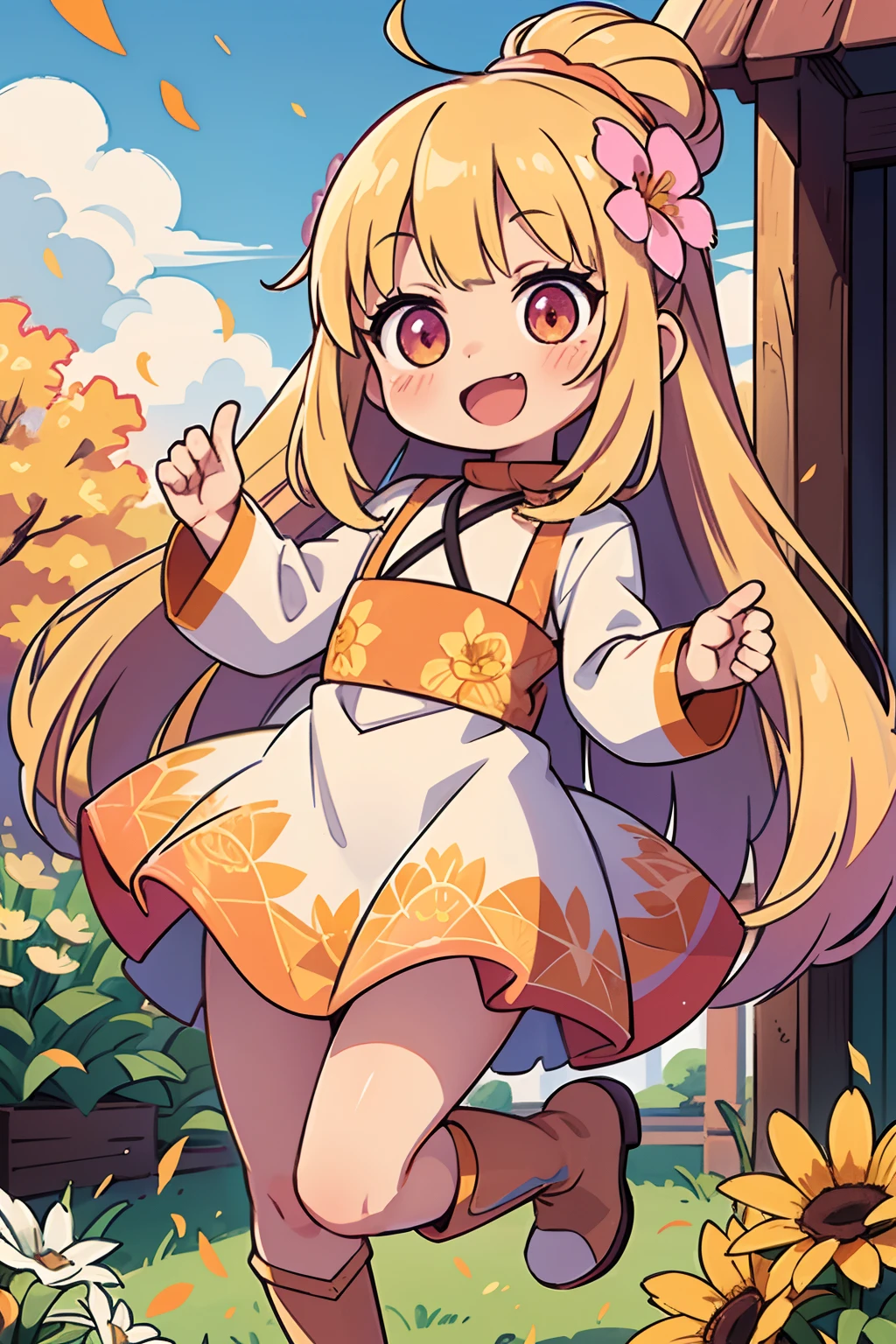 Stand in front of the photo、1girl in,Full body,Long hair, Blonde hair,long boots,Open mouth and big smile、kawaii pose、Flowing iridescent silk、up of face、Eye Up、Colorcon with heart pattern、Floral dress、There are flowers even in front of you、flower petals、season!!:autumnal☀ 🍂