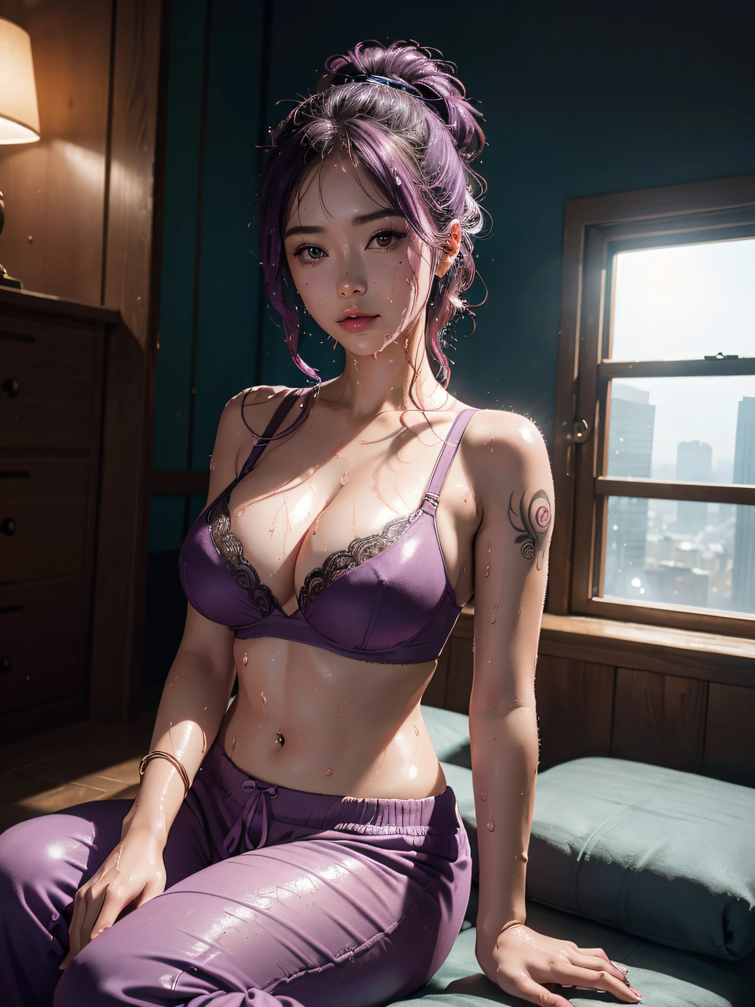 SeaArt Bot ,Upscaling 、RAW Photography、top-quality、masterpiece:1.2)、(realisitic、photoRealstic:1.37)、1girl in、Nepali、25-years old、femele、(deep in the night)、sunlights、a room、Daytime cityscape seen from the window、Studio Lighting、face lights、photon maping、Radio City、Purple hair、A detailed face、detailed lips、A detailed eye、More skin、二重まぶた、(Huge round:1.3)、((Exposure))、(Bra and joggers、Nepal)、(bra)、(Wearing a bra and joggers)、((no brassiere)))、Exposed cleavage、exposed shoulder、Thigh exposure、(camel's toe)、perfectbody、shinny skin、(Body wet with sweat:1.2)、smirking face、((sitting on))、Make eye contact with the camera、Lens blur for background camera、depth of fields、35 m、ultra-detailliert、ultra-quality、flawless、Anime tattoo on right hand、((Vintage style photography 1:1)),((NSFW 1:0)