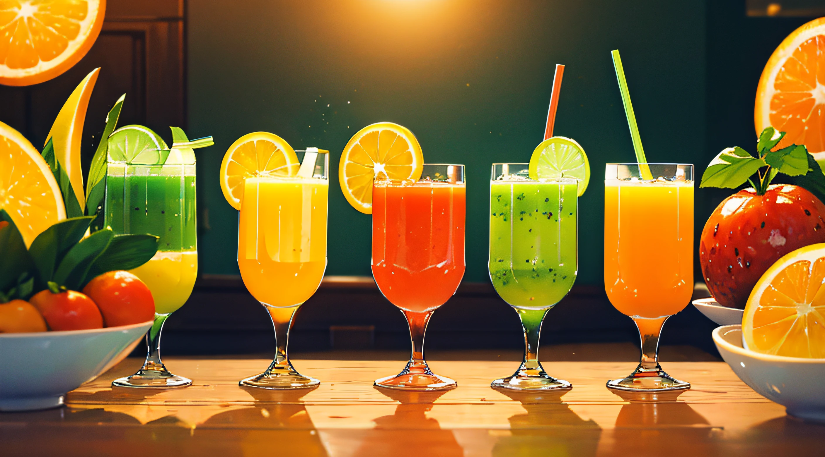 ((Masterpiece)), ((Best Quality)), A colorful array of freshly squeezed fruit juices in tall glasses, exuding freshness and vitality.
