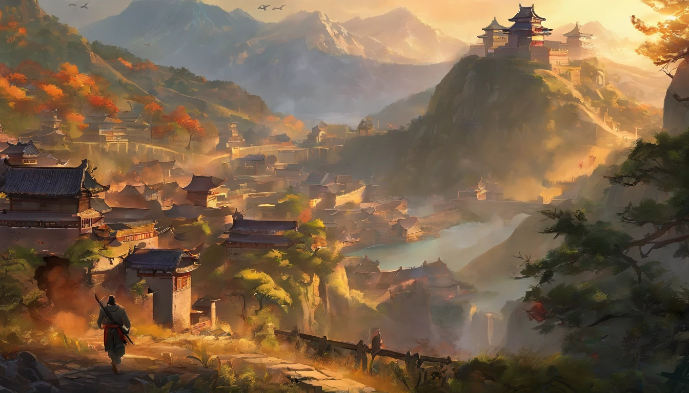 best quality, masterpiece, highres, shuimobysim, wuchangshuo, bonian, zhenbanqiao, badashanren, mountainous horizon, river, forest, village, sunset, , <lora:Moxin_Shukezouma10:0.8>