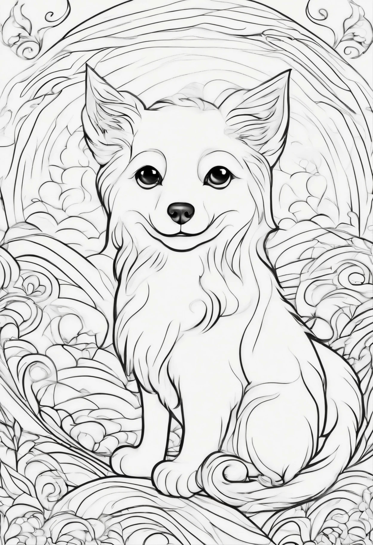 dog, kawaii style kitten, fantasy, magical, mystical, unusual, black and white, wavey lines, realistic line art drawing, coloring book page , no noise, crisp thick lines, outline art, centred image, isolated on a white background
