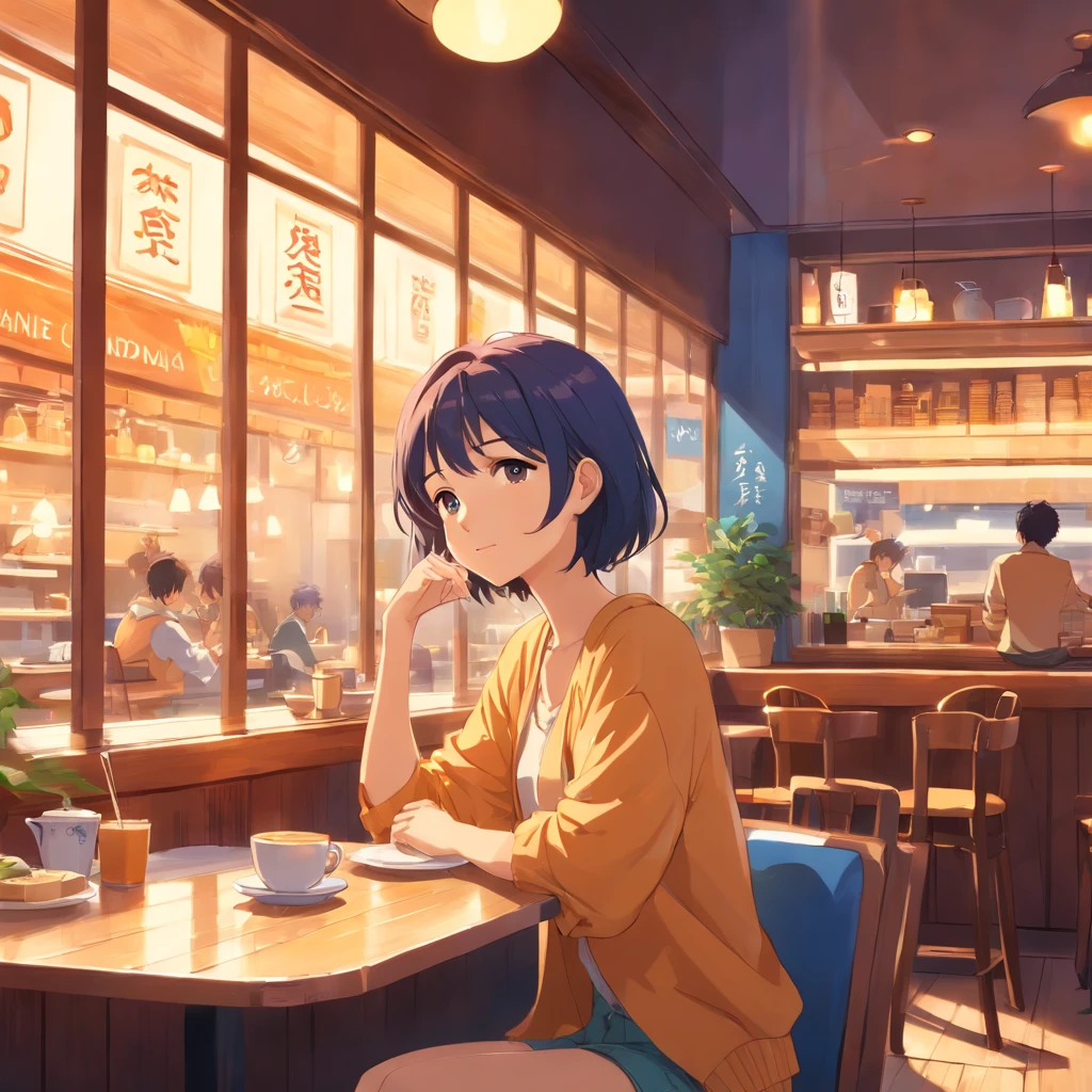 Beautiful woman relaxing in café, Cozy and cozy atmosphere, ((Daytime Cafe))