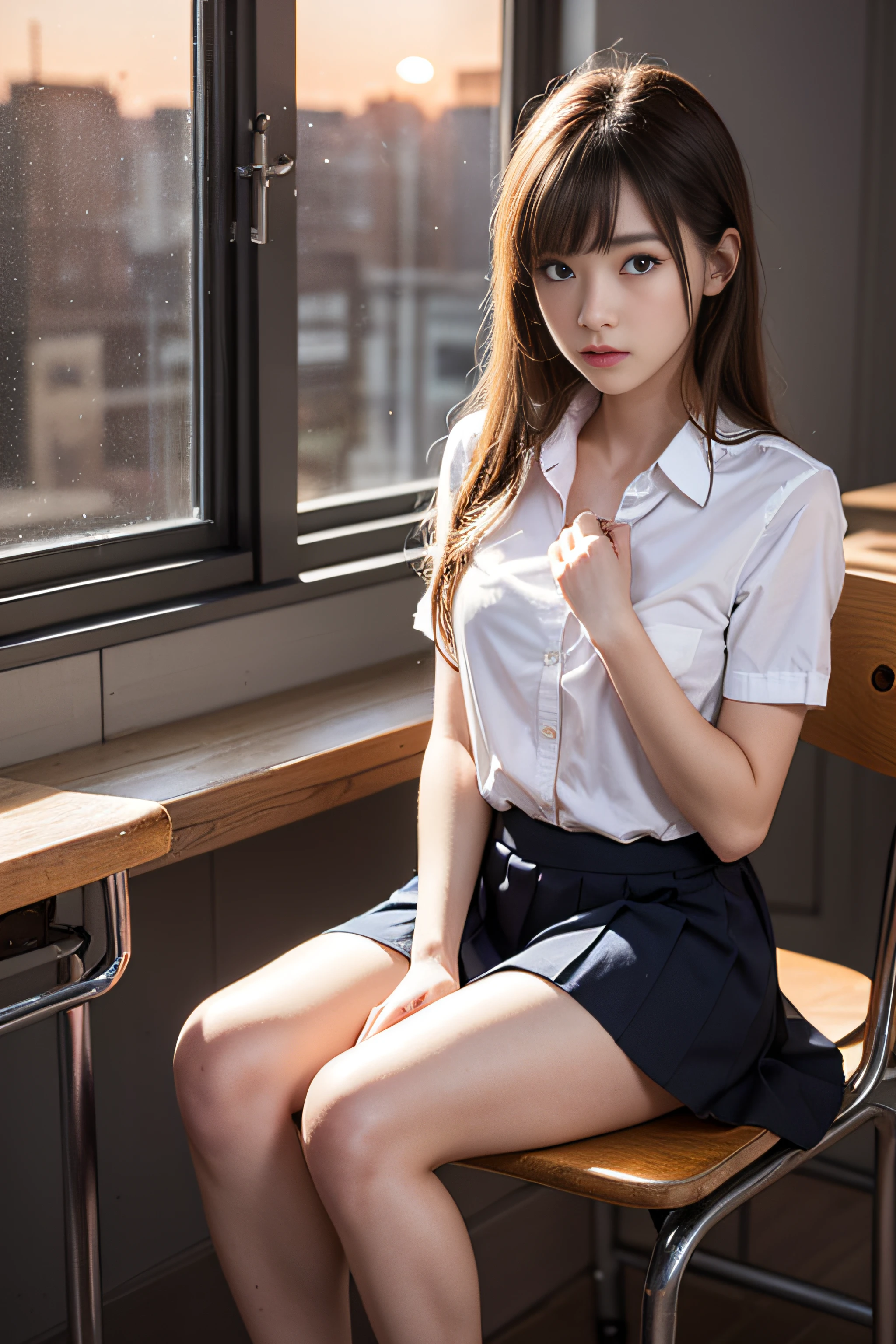 ultra highres,(reality: 1.4),highest quality, masterpiece, high detail, 16K quality, beautiful, 1 beautiful girl,japanese,super beautiful face,baby face,japanese idol face,cute face,hyper detailed face,detailed hand,beautiful skin,glossy skin,big eyes,big smile,profeccional lighting,face light,(sitting with knee up),((spread legs)),checked skirt,skirt lift,(((show off panties))),((white panties)),white shirt,open shirt,medium breasts,medium hair, black hair,brown beautiful eyes, nsfw,she is looking at the camera,classroom,