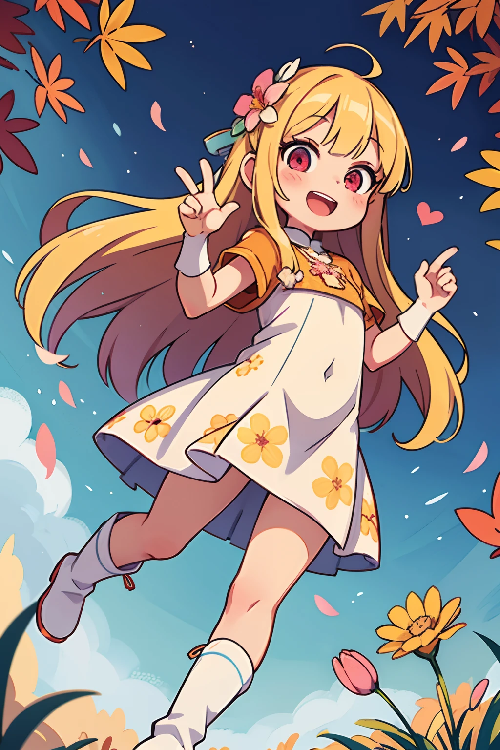 Stand in front of the photo、1girl in,Full body,Long hair, Blonde hair,long boots,Open mouth and big smile、kawaii pose、Flowing iridescent silk、up of face、Eye Up、Colorcon with heart pattern、Floral dress、There are flowers even in front of you、flower petals、season!!:autumnal☀ 🍂