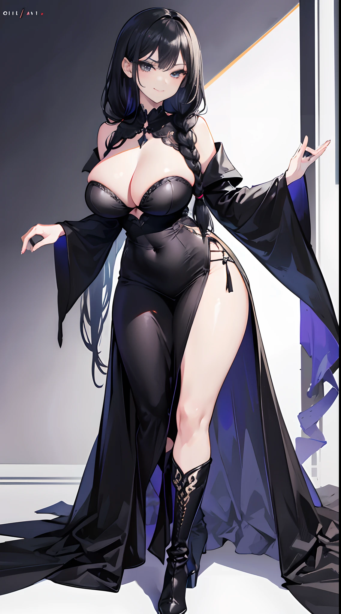 Solo，Facing the viewing angle，Gorgeous black shawl，black long straight hair，Gorgeous black wedding dress，Fishtail braided hairstyle，chiquita，Lori huge breasts cleavage，D-cups，Black colored eyes，A smug smile，Black extra-high heeled boots，stand posture，The right leg is extended forward，White background