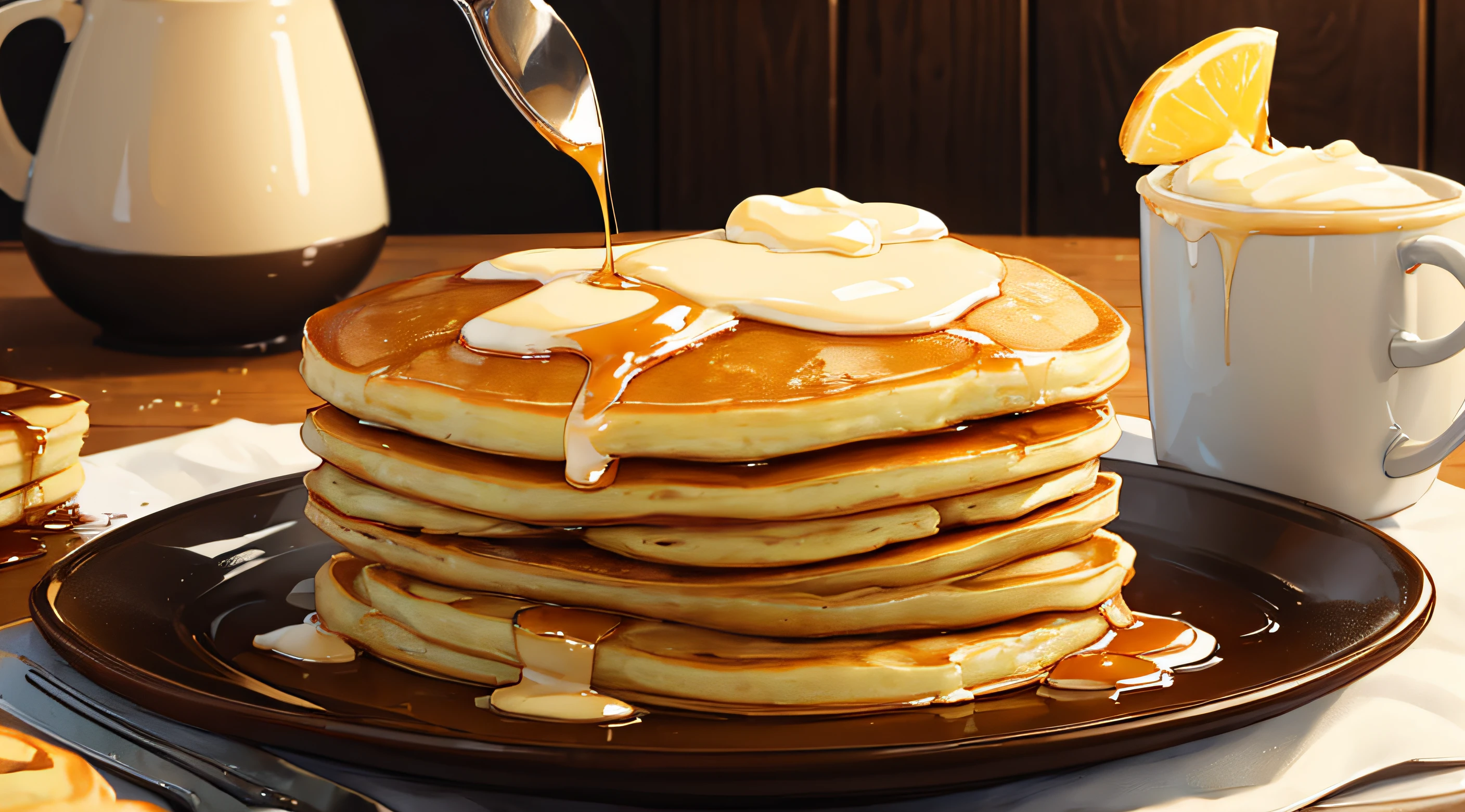 ((Masterpiece)), ((Best Quality)), A stack of fluffy pancakes drizzled with maple syrup and topped with a scoop of melting butter.