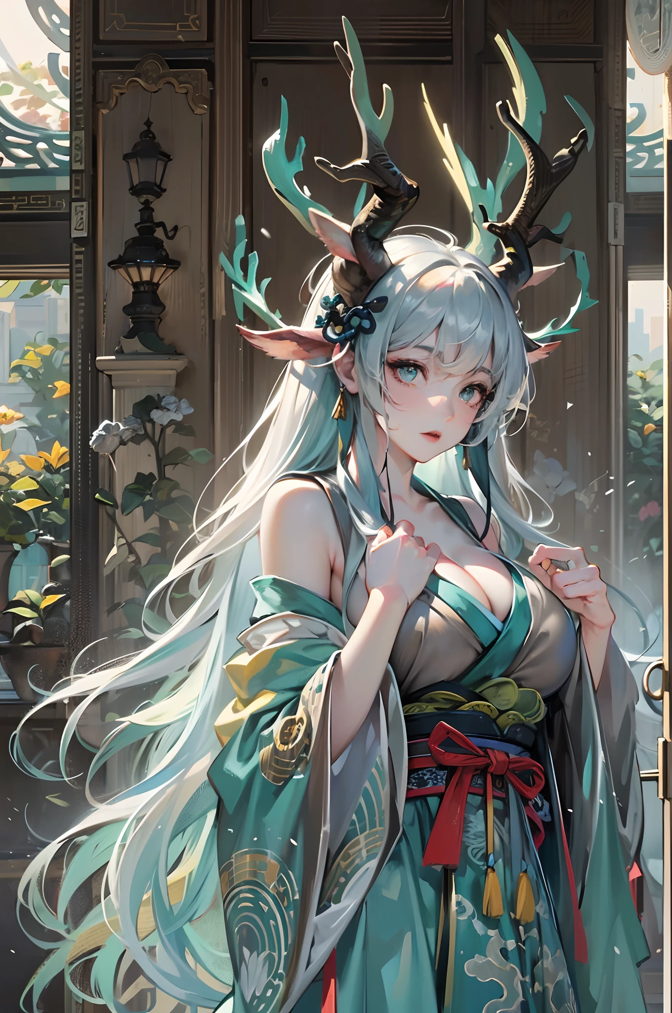 Depressing text，Dragon's horn，deer antlers，Portrait，Realistic effect，Female pervert，White-haired girl，Messy hair，Ancient wind，cyan colors，cyan colors，Cyan Hanfu(Delicate and mysterious antique patterns)，high-heels，The expression after the climax，winning artwork，Silhouette effect，Epic composition，Stand in front of a window with falling snow(Ancient wind)，(Antique background)Need，8K，The human body light and shadow effect is three-dimensional，Delicate face，（in the darkness nigth：1.6），Fantasyart，photographrealistic，动态照明，art  stations，poster for，Volumetriclighting，Very detailed faces，4 k''，Award-Awarded, low tune, Cowboy shot, (Hanfu:1.4), long whitr hair,(Super huge)))，(((Super huge breasts)))，(cleavage)