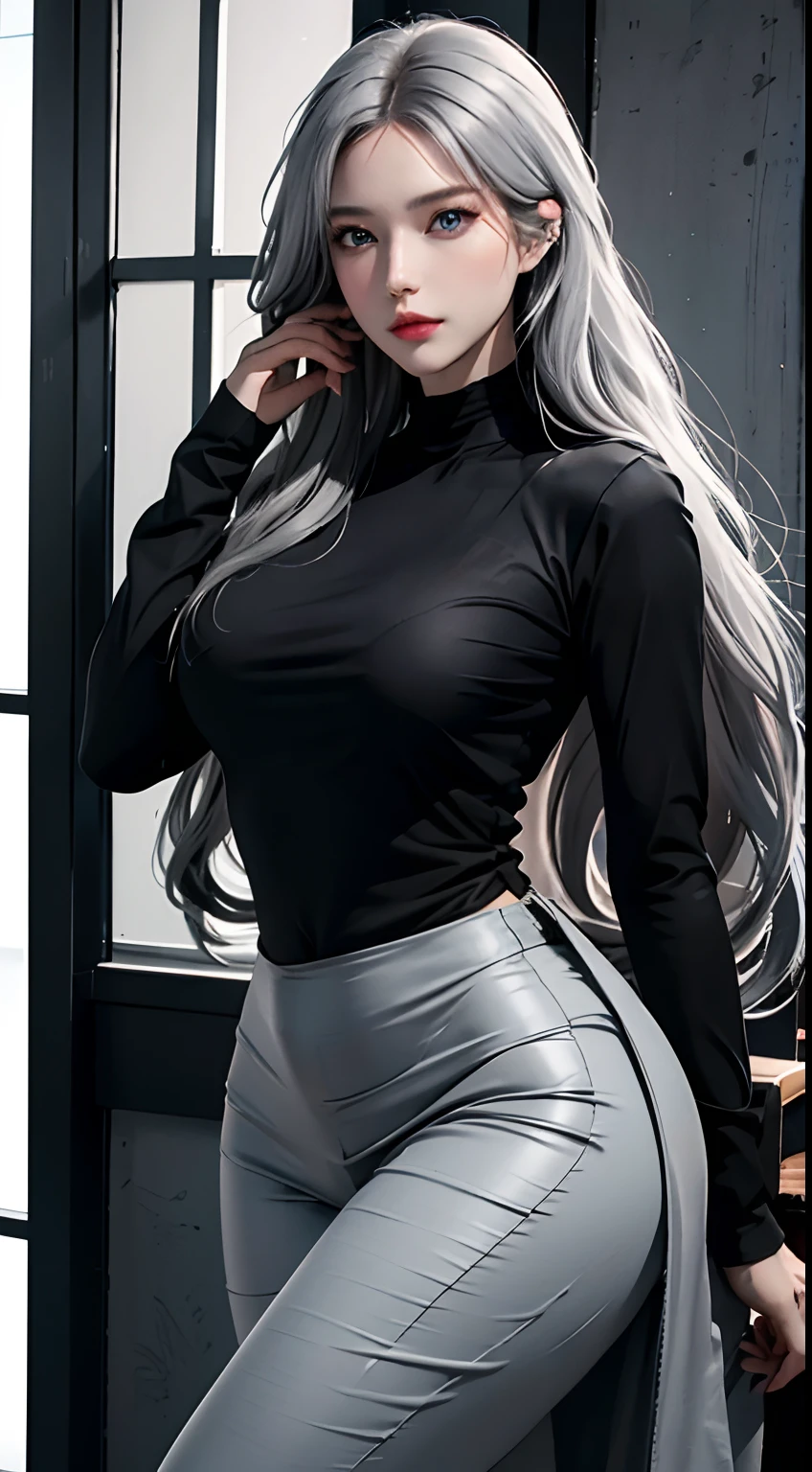 photorealistic, high resolution, 1women, solo, hips up, look at viewer, (detailed face), gray long hair, jewelry, black long sleeve shirt, black leggings, blue eyes