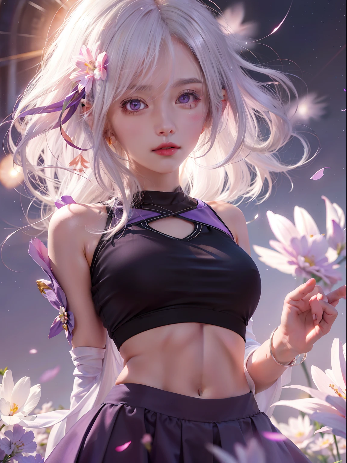 (masterpiece:1.4), (beste-Qualit:1.4), (Very cute angel girl, hyperdetailed face, Eyes Like Gems, white very long hair:1.4), (Colorful gradient hair:2.0), (Circle of Angels:1.4), (dynamicposes:1.4), (dinamic angle:1.4),looking happy smile,
Romper
(细致背景:1.4)、hyper detailed background、(Purple light effect:1.4)、(Floating light blue clouds:1.4)、(Floating blue flowers:1.4)、
Romper
(perfect anatomia、perfect hand:1.4)、(Perfect five fingers:1.4)、(Perfect 4 long fingers and perfect short thumb:1.4)、(Thumb shorter than the other 4 fingers:1.4)、(Perfect two arms:1.4)、(Perfect two legs:1.4)、