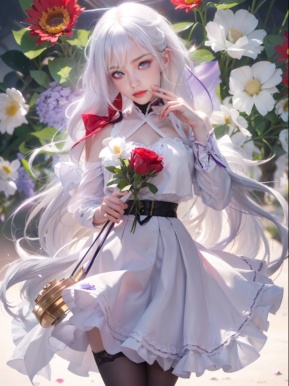 realisticlying,1girl,White hair,Purple eye,glowing light eyes,Cut the top,a skirt,parted lip,Be red in the face,the night,fresh flowers,suns,rays of sunshine,blackstockings