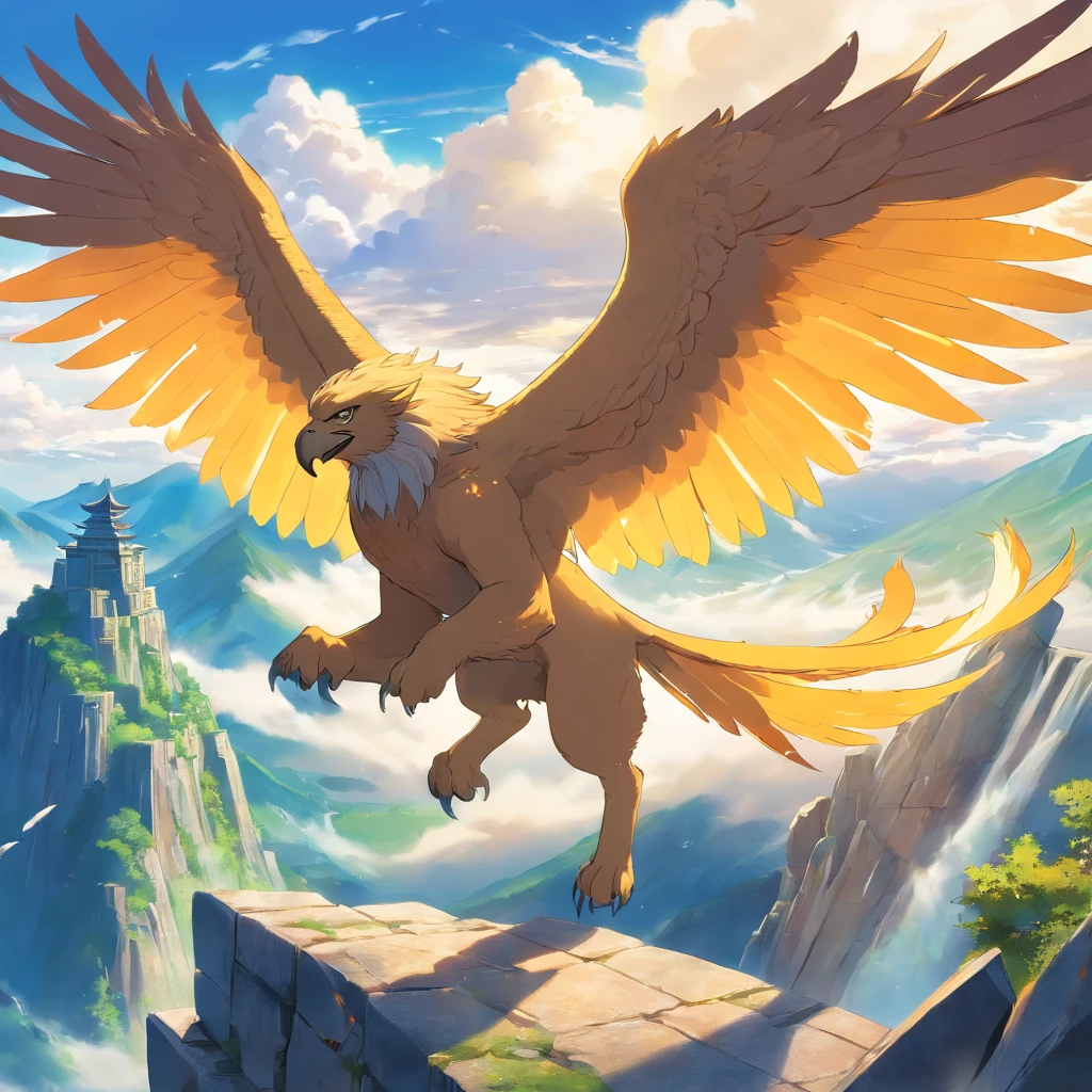 Gryphon, mythological creatures, Majestic, Powerful wings, Lion body, Eagle head, Fierce gaze, Sharp claws, feater, Golden beak, Large size, Flying, Mountains, Cloudy sky, Ancient ruins, Fantasy realm, mythological landscape, Epic, magical, mythological creatures, mythological beasts, Fierce, Mythical monsters