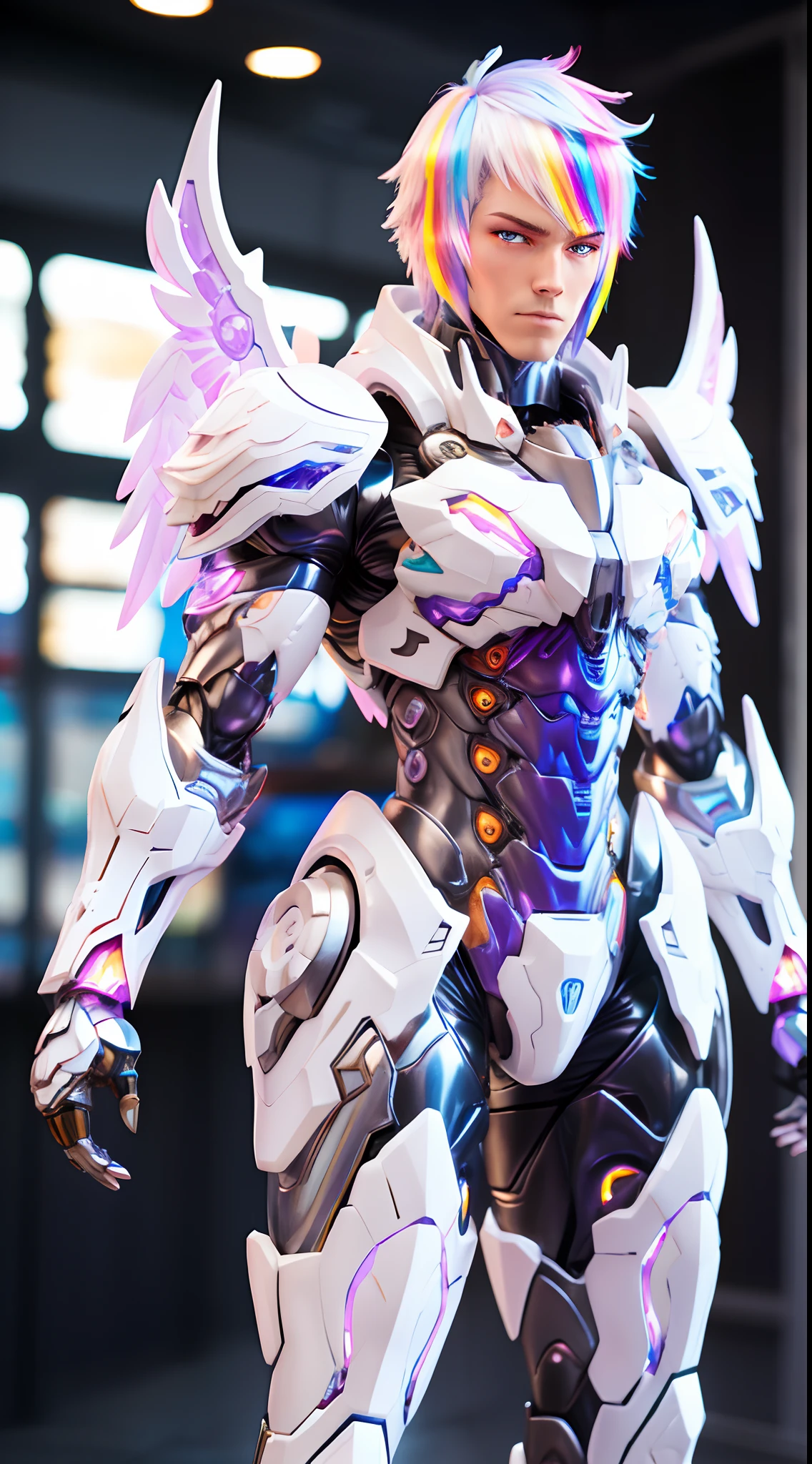 ANGEL, RAINBOW COLORED, HETEROCHROMIA EYE, CRYSTAL HEAVY ARMOR, TRANSPARANT, MUSCLE BODY.