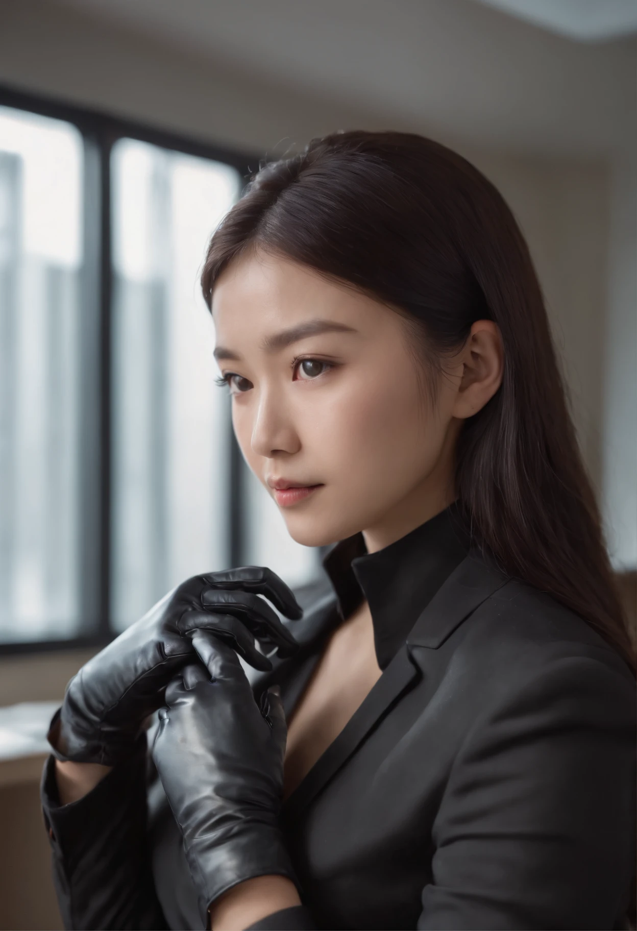 The upper body is covered with black leather gloves up to the fingertips in both hands. Black recruitment suit. Facing the desk in my room with a computer in the dark, I operate the computer keyboard while looking at the screen with the fingertips of the black leather gloves. Black hair bundled in the back for a long time. Look here, a very cute Japanese female new employee (the angle is in　front view)