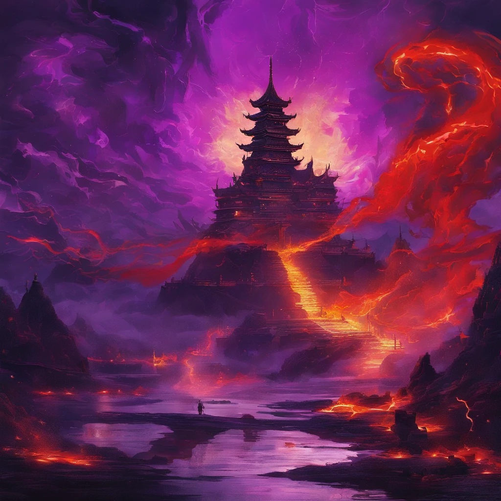 In heavy rain,((A huge castle complex of ancient square-topped stones burning in the fire))The picture quality is excellent,Lightning,Yellow light fog,电影灯光,Natural, realistic colors,Full composition,The style refers to Van Gogh,Subject content,Burning wooden ancient domed stone giant castle game scene 1:60 miniatures,Lightning and lightning,Agate glass texture 32K(tmasterpiece,k hd,hyper HD,32K)Long flowing bright purple hair,Autumn Pond,zydink, a color, Asian people (Kizi), (Red scarf), Combat posture, looking at the ground, long whitr hair, Floating bright purple, Fire cloud pattern gold tiara, Chinese long-sleeved gold silk garment, (abstract ink splash:1.2), white backgrounid,Lotus protector(realisticlying:1.4),Bright purple hair,Smoke on the road,The background is pure, A high resolution, the detail, RAW photogr, Sharp Re, Nikon D850 Film Stock Photo by Jefferies Lee 4 Kodak Portra 400 Camera F1.6 shots, Rich colors, ultra-realistic vivid textures, Dramatic lighting, Unreal Engine Art Station Trend, cinestir 800,Long flowing bright purple hair