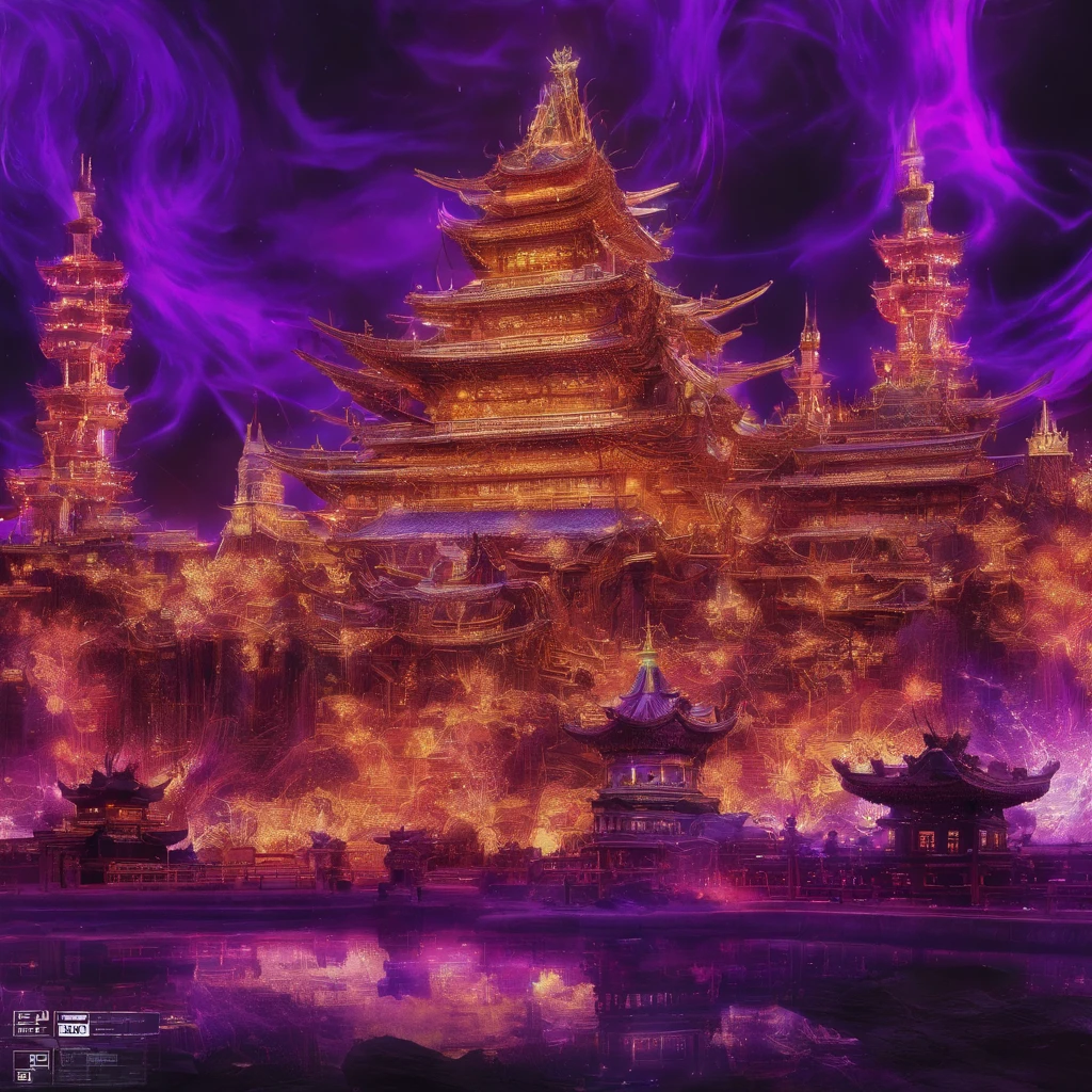 In heavy rain，（（A huge castle complex of ancient square-topped stones burning in the fire））The picture quality is excellent，Lightning，Yellow light fog，电影灯光，Natural, realistic colors，Full composition，The style refers to Van Gogh，Subject content，Burning wooden ancient domed stone giant castle game scene 1：60 miniatures，Lightning and lightning，Agate glass texture 32K（tmasterpiece，k hd，hyper HD，32K）Long flowing bright purple hair，Autumn Pond，zydink， a color， Asian people （Kizi）， （Red scarf）， Combat posture， looking at the ground， long whitr hair， Floating bright purple， Fire cloud pattern gold tiara， Chinese long-sleeved gold silk garment， （abstract ink splash：1.2）， white backgrounid，Lotus protector（realisticlying：1.4），Bright purple hair，Smoke on the road，The background is pure， A high resolution， the detail， RAW photogr， Sharp Re， Nikon D850 Film Stock Photo by Jefferies Lee 4 Kodak Portra 400 Camera F1.6 shots, Rich colors, ultra-realistic vivid textures, Dramatic lighting, Unreal Engine Art Station Trend, cinestir 800，Long flowing bright purple hair