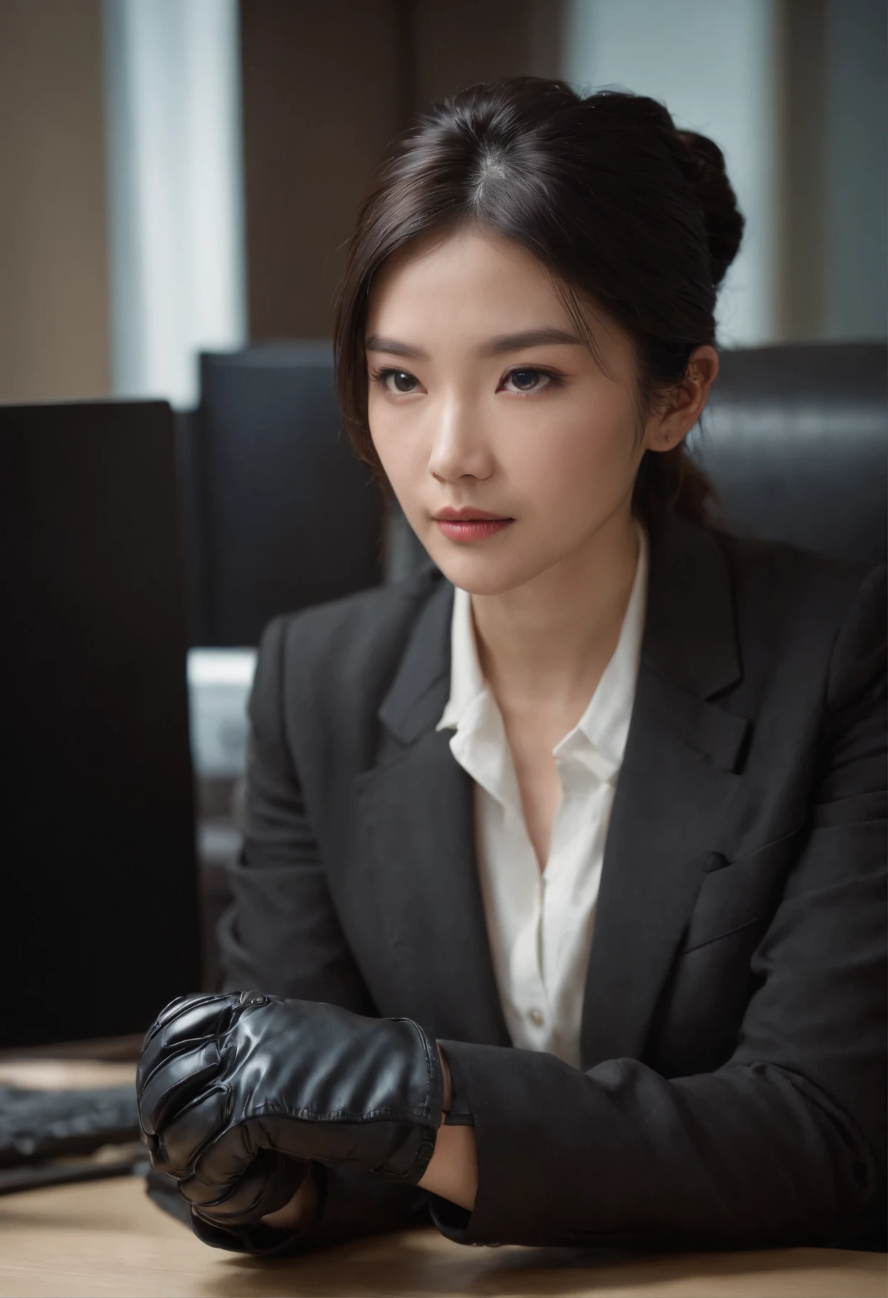 The upper body is covered with black leather gloves up to the fingertips in both hands. Black recruitment suit. Facing the desk in my room with a computer in the dark, I operate the computer keyboard while looking at the screen with the fingertips of the black leather gloves. Black hair bundled in the back for a long time. Look here, a very cute Japanese female new employee (the angle is in front view)