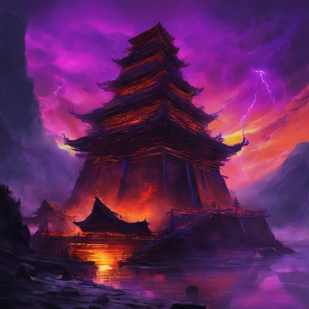 In heavy rain，（（A huge castle complex of ancient square-topped stones burning in the fire））The picture quality is excellent，Lightning，Yellow light fog，电影灯光，Natural, realistic colors，Full composition，The style refers to Van Gogh，Subject content，Burning wooden ancient domed stone giant castle game scene 1：60 miniatures，Lightning and lightning，Agate glass texture 32K（tmasterpiece，k hd，hyper HD，32K）Long flowing bright purple hair，Autumn Pond，zydink， a color， Asian people （Kizi）， （Red scarf）， Combat posture， looking at the ground， long whitr hair， Floating bright purple， Fire cloud pattern gold tiara， Chinese long-sleeved gold silk garment， （abstract ink splash：1.2）， white backgrounid，Lotus protector（realisticlying：1.4），Bright purple hair，Smoke on the road，The background is pure， A high resolution， the detail， RAW photogr， Sharp Re， Nikon D850 Film Stock Photo by Jefferies Lee 4 Kodak Portra 400 Camera F1.6 shots, Rich colors, ultra-realistic vivid textures, Dramatic lighting, Unreal Engine Art Station Trend, cinestir 800，Long flowing bright purple hair