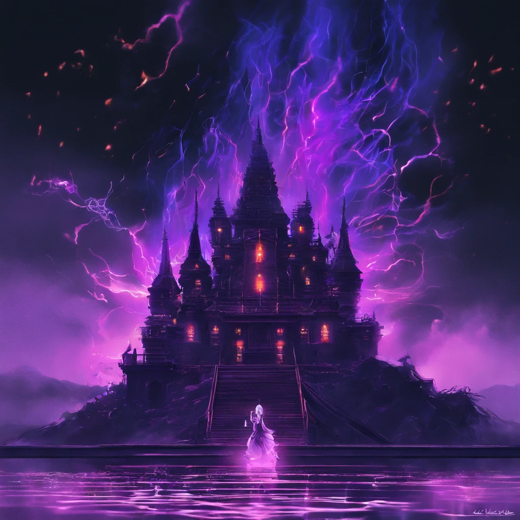In heavy rain，（（A huge castle complex of ancient square-topped stones burning in the fire））The picture quality is excellent，Lightning，Yellow light fog，电影灯光，Natural, realistic colors，Full composition，The style refers to Van Gogh，Subject content，Burning wooden ancient domed stone giant castle game scene 1：60 miniatures，Lightning and lightning，Agate glass texture 32K（tmasterpiece，k hd，hyper HD，32K）Long flowing bright purple hair，Autumn Pond，zydink， a color， Asian people （Kizi）， （Red scarf）， Combat posture， looking at the ground， long whitr hair， Floating bright purple， Fire cloud pattern gold tiara， Chinese long-sleeved gold silk garment， （abstract ink splash：1.2）， white backgrounid，Lotus protector（realisticlying：1.4），Bright purple hair，Smoke on the road，The background is pure， A high resolution， the detail， RAW photogr， Sharp Re， Nikon D850 Film Stock Photo by Jefferies Lee 4 Kodak Portra 400 Camera F1.6 shots, Rich colors, ultra-realistic vivid textures, Dramatic lighting, Unreal Engine Art Station Trend, cinestir 800，Long flowing bright purple hair