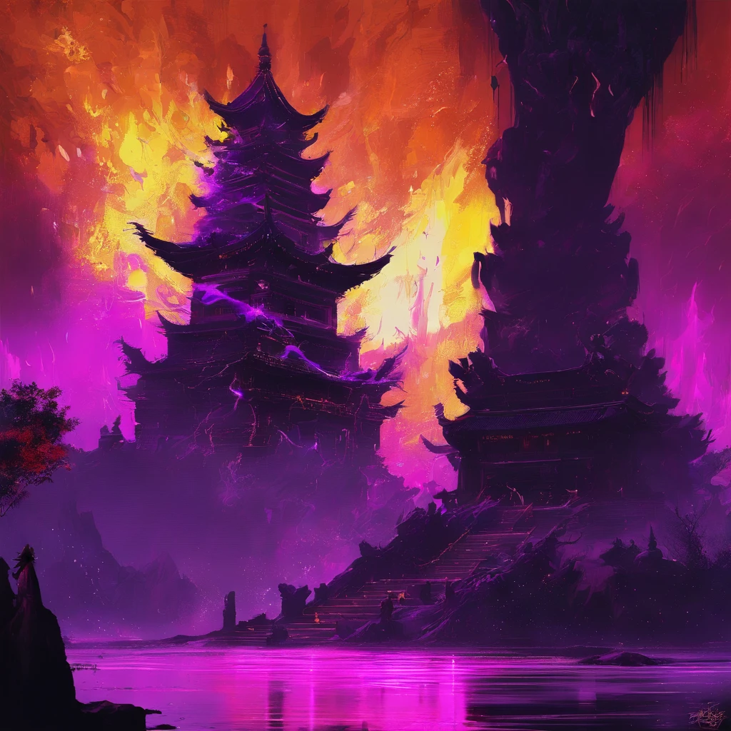 In heavy rain,((A huge castle complex of ancient square-topped stones burning in the fire))The picture quality is excellent,Lightning,Yellow light fog,电影灯光,Natural, realistic colors,Full composition,The style refers to Van Gogh,Subject content,Burning wooden ancient domed stone giant castle game scene 1:60 miniatures,Lightning and lightning,Agate glass texture 32K(tmasterpiece,k hd,hyper HD,32K)Long flowing bright purple hair,Autumn Pond,zydink, a color, Asian people (Kizi), (Red scarf), Combat posture, looking at the ground, long whitr hair, Floating bright purple, Fire cloud pattern gold tiara, Chinese long-sleeved gold silk garment, (abstract ink splash:1.2), white backgrounid,Lotus protector(realisticlying:1.4),Bright purple hair,Smoke on the road,The background is pure, A high resolution, the detail, RAW photogr, Sharp Re, Nikon D850 Film Stock Photo by Jefferies Lee 4 Kodak Portra 400 Camera F1.6 shots, Rich colors, ultra-realistic vivid textures, Dramatic lighting, Unreal Engine Art Station Trend, cinestir 800,Long flowing bright purple hair