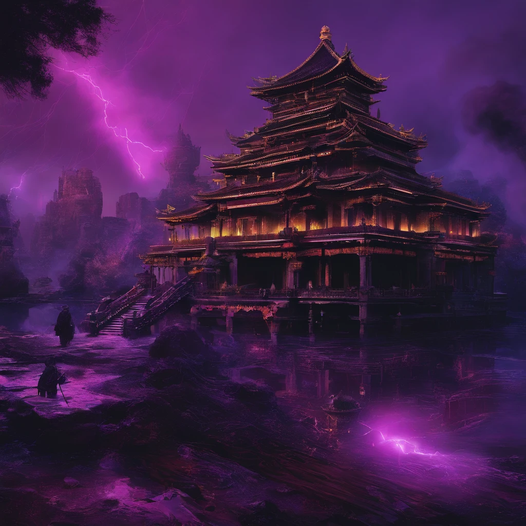 In heavy rain，（（A huge castle complex of ancient square-topped stones burning in the fire））The picture quality is excellent，Lightning，Yellow light fog，电影灯光，Natural, realistic colors，Full composition，The style refers to Van Gogh，Subject content，Burning wooden ancient domed stone giant castle game scene 1：60 miniatures，Lightning and lightning，Agate glass texture 32K（tmasterpiece，k hd，hyper HD，32K）Long flowing bright purple hair，Autumn Pond，zydink， a color， Asian people （Kizi）， （Red scarf）， Combat posture， looking at the ground， long whitr hair， Floating bright purple， Fire cloud pattern gold tiara， Chinese long-sleeved gold silk garment， （abstract ink splash：1.2）， white backgrounid，Lotus protector（realisticlying：1.4），Bright purple hair，Smoke on the road，The background is pure， A high resolution， the detail， RAW photogr， Sharp Re， Nikon D850 Film Stock Photo by Jefferies Lee 4 Kodak Portra 400 Camera F1.6 shots, Rich colors, ultra-realistic vivid textures, Dramatic lighting, Unreal Engine Art Station Trend, cinestir 800，Long flowing bright purple hair