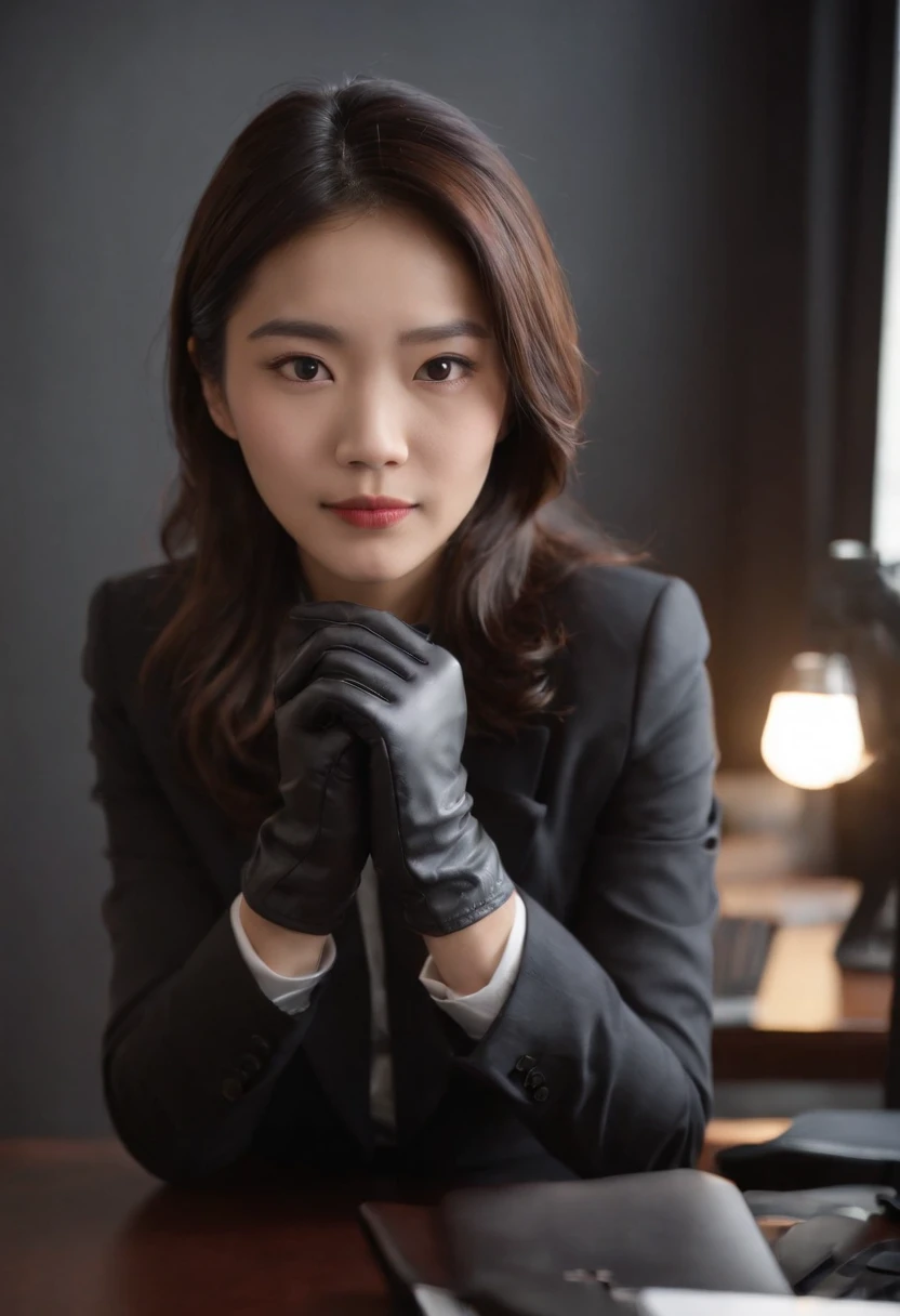 The upper body is covered with black leather gloves up to the fingertips in both hands. Black recruitment suit. Facing the desk in my room with a computer in the dark, I operate the computer keyboard while looking at the screen with the fingertips of the black leather gloves. Black hair bundled in the back for a long time. Look here, a very cute Japanese female new employee (the angle is in front view)