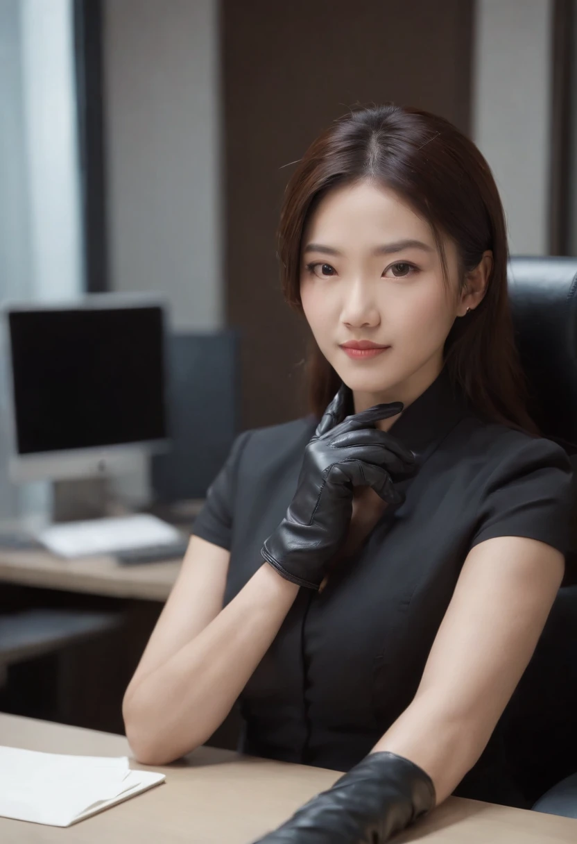 The upper body is covered with black leather gloves up to the fingertips in both hands. Black recruitment suit. Facing the desk in my room with a computer in the dark, I operate the computer keyboard while looking at the screen with the fingertips of the black leather gloves. Black hair bundled in the back for a long time. Look here, a very cute Japanese female new employee (the angle is in front view)
