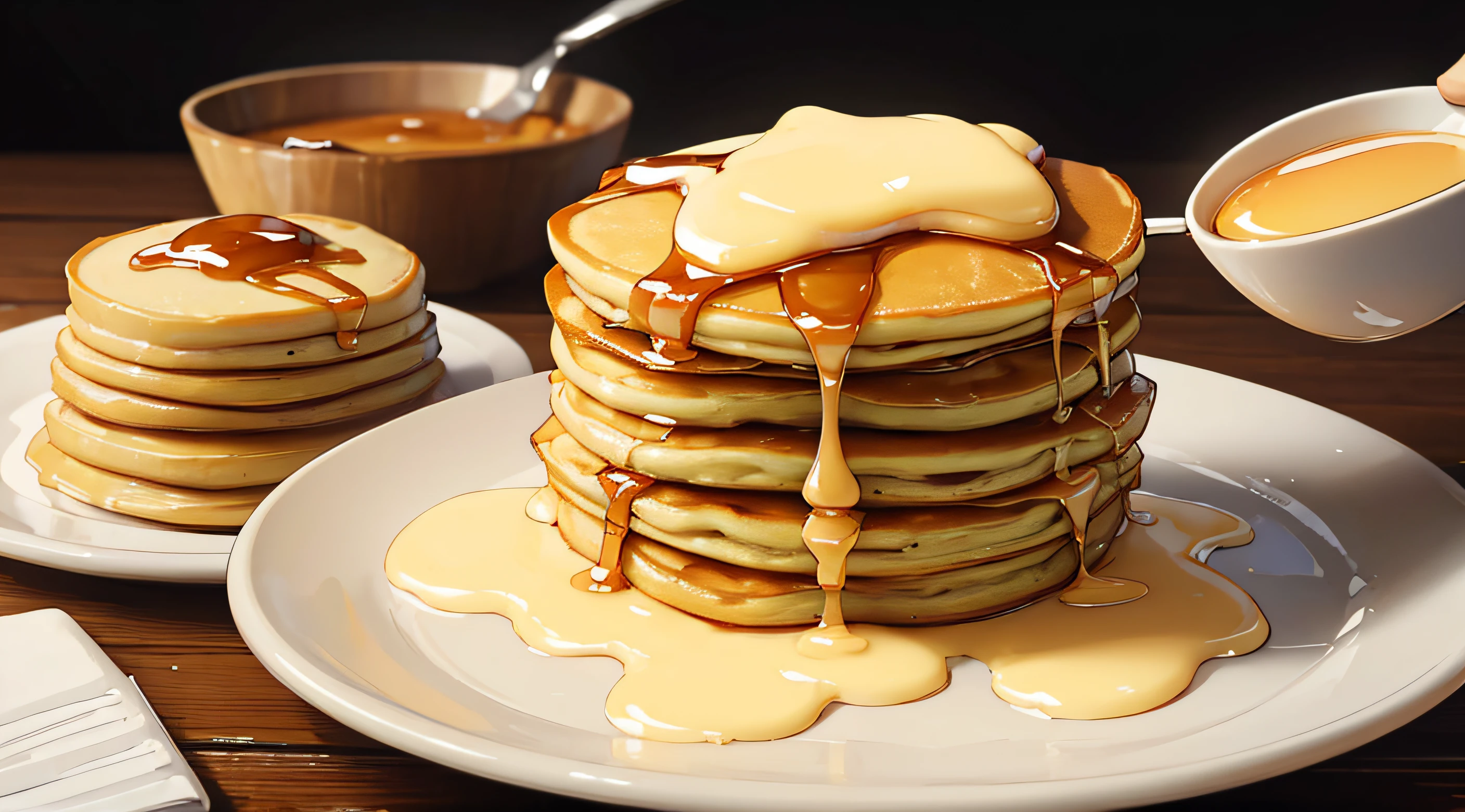((Masterpiece)), ((Best Quality)), A stack of fluffy pancakes drizzled with maple syrup and topped with a scoop of melting butter.