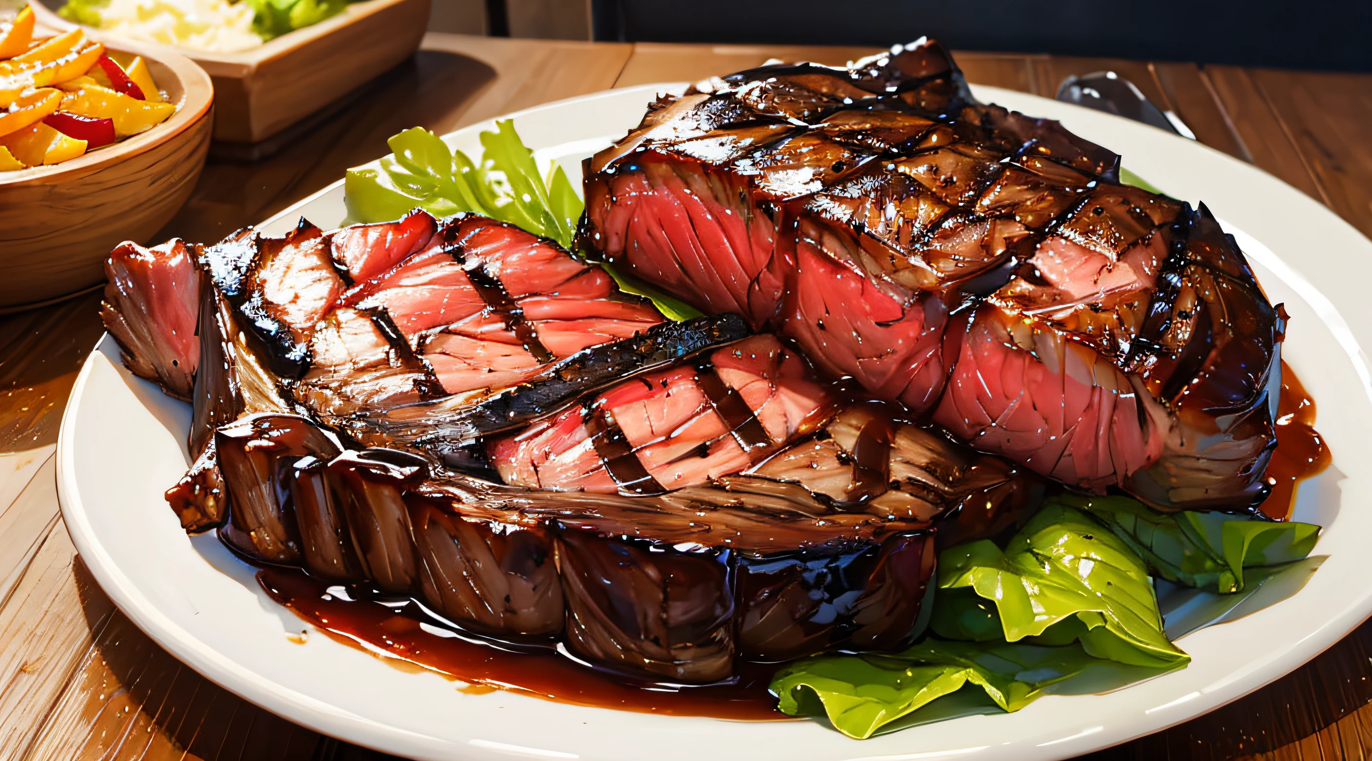 ((Masterpiece)), ((Best Quality)), A close-up of a juicy, perfectly grilled steak with grill marks, ready to be savored.