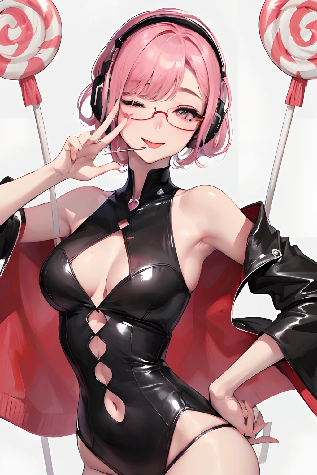 (Top resolution、1gir、Looking at Viewer、Distinct_image)top-quality、one eye closed(((one eye closed)))、Raise your mouth(((Raise your mouth)))、headphones(((headphones)))、piece sign(((piece sign)))、Seductive smile(((Seductive smile)))、tilt your neck at an angle、Lollipop Candy(((Lollipop Candy)))、Wink(((Wink)))、put out the tongue(((put out the tongue)))、Small Devil、Naughty gaze、Hands behind your back(((Hands behind your back)))、Women's masterpieces、ighly detailed、Semi-realistic、(large part of the body)、I always look forward to it(((I always look forward to it)))、missiles_Behind_Back,(((missiles_Behind_Back,)))、Facing up(((Facing up)))、up of face(((up of face)))、Bring your mouth closer(((Bring your mouth closer)))、Red glasses(((Red glasses)))、Kiss Face(((Kiss Face)))、Looking Up(((Looking Up)))、facing front(((facing front)))、Thrust your chin forward(((Thrust your chin forward)))、elf-ears、short-hair、Bob cut pink hair、Bangs Patsun、25-years old、married woman、Face Focus、Face、、blush、pale skin、Curve、Platinum Pink Hair、Pink eyes,Large breasts、Hands behind your back、