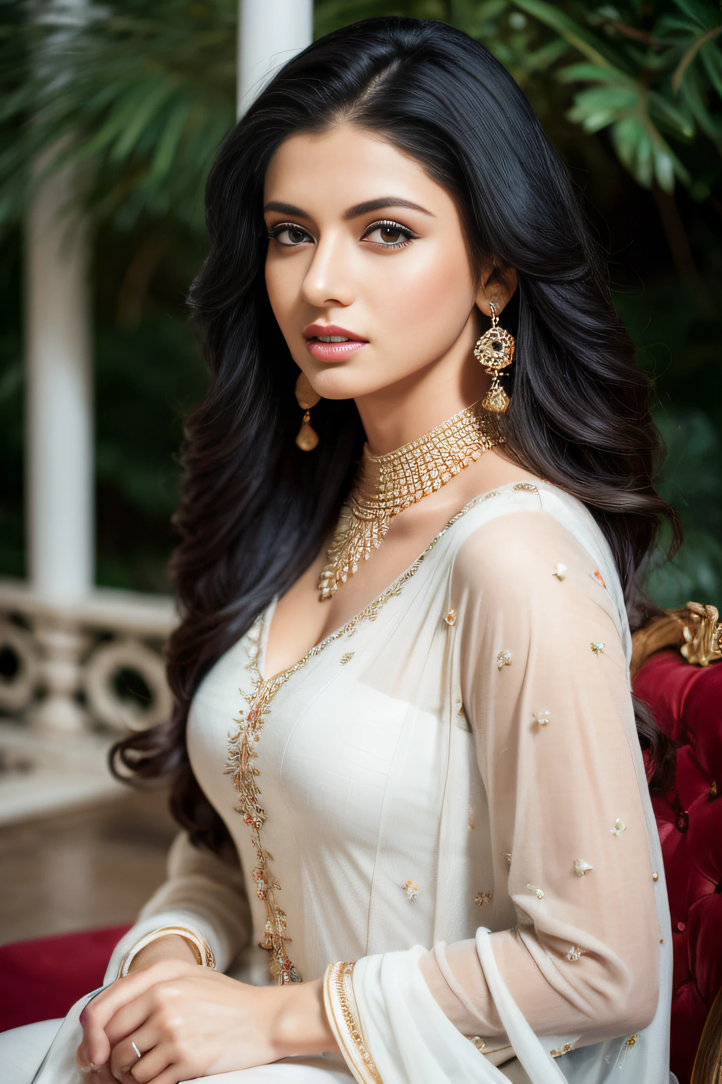 portrait of A confident-looking woman princess with long flowing hair, hazel eyes, wearing designer shalwar qameez and jewellery, visible c-cup breast sitting on royal garden, palace background, bokeh perfect composition, hyperrealistic, super detailed, 8k, high quality, trending art, trending on artstation, sharp focus, photo shoot, intricate details, highly detailed, art by greg rutkowski