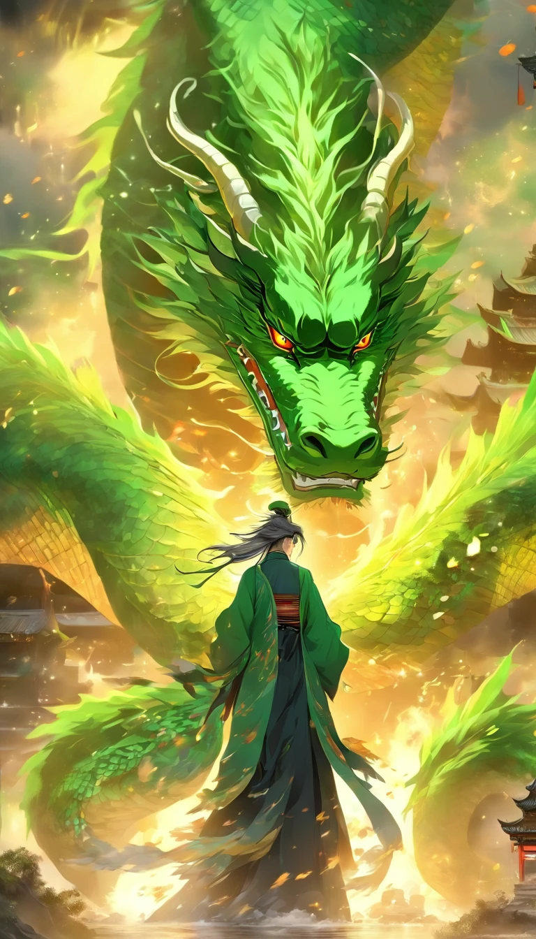 China-style,中景 the scene is,The Taoist priest stood in front of the huge green dragon,Stretch your hands,Long messy hair,Glow effects,Hyper-realistic,Ultra photo realsisim,Chinese black and white ink style,Silver,Decolorization,Smudge,ink,8K,super-fine,high qulity,(((OC renderer)))